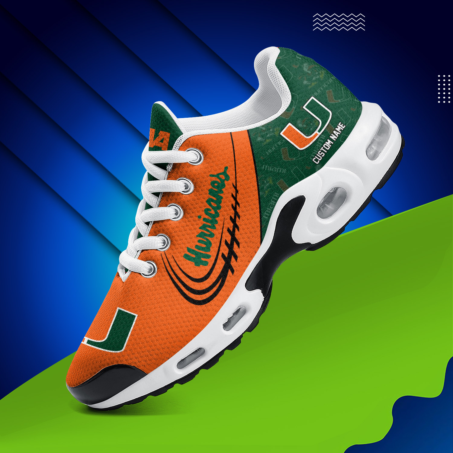 Miami Hurricanes Personalized Name Team Logo Mix Colors Stitch Line TN Air Max Shoes Air Cushion Sneakers