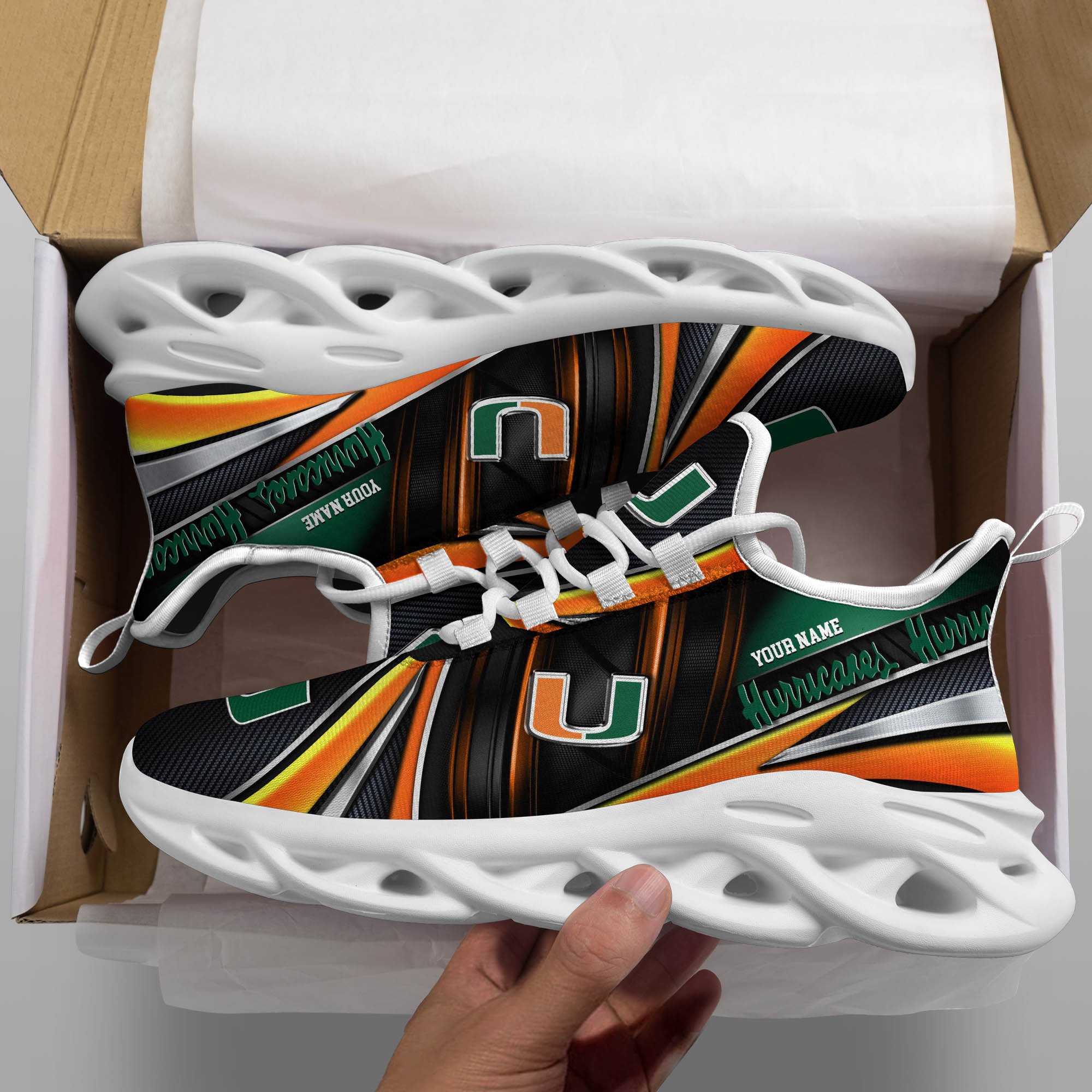 Miami Hurricanes White C Sneakers 2025 Version Personalized Your Name, Sport Team Sneakers, Sport Gifts PH892