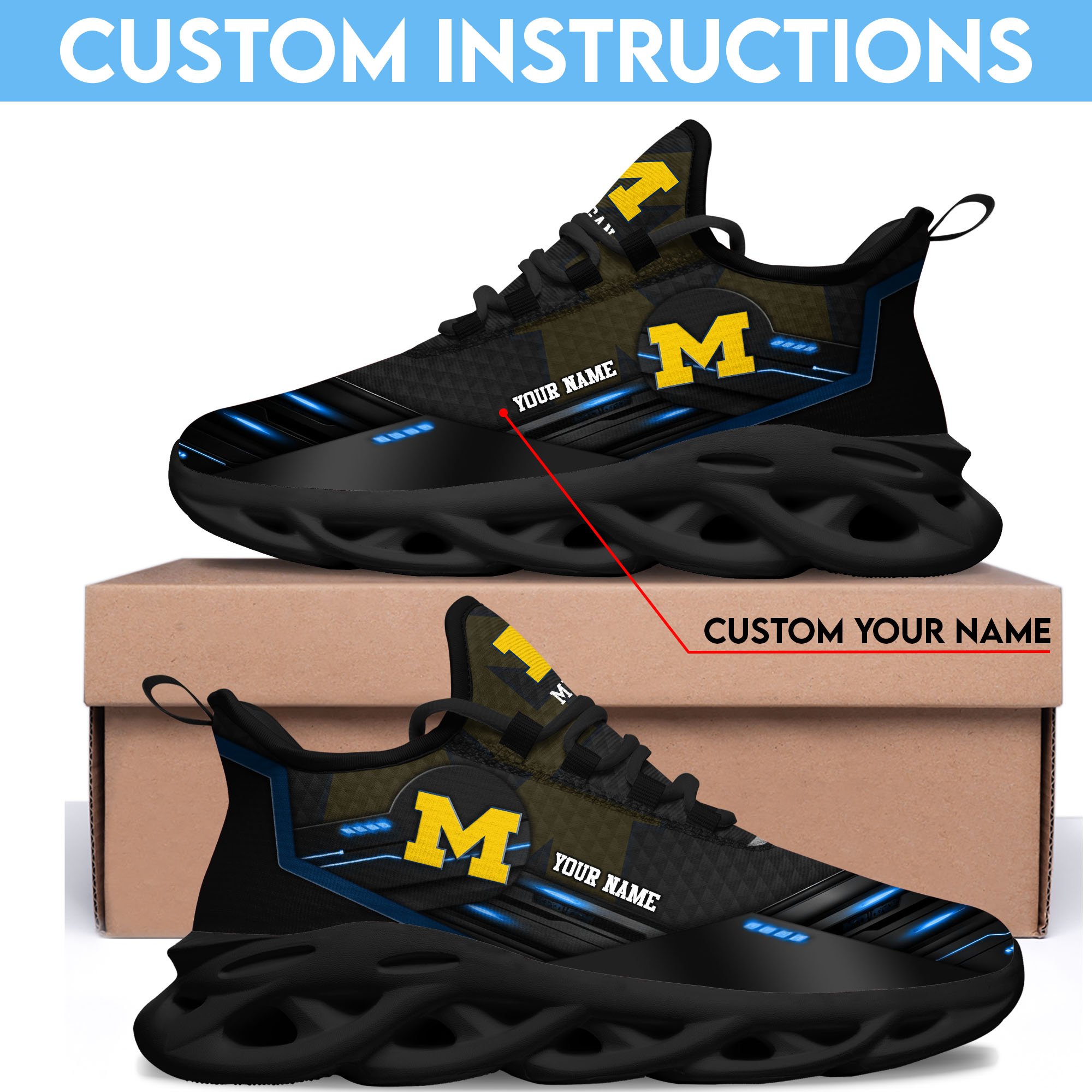 Michigan Wolverines Black Clunky Sneaker Custom Name, Max Soul Shoes, Sport Gifts For Fan