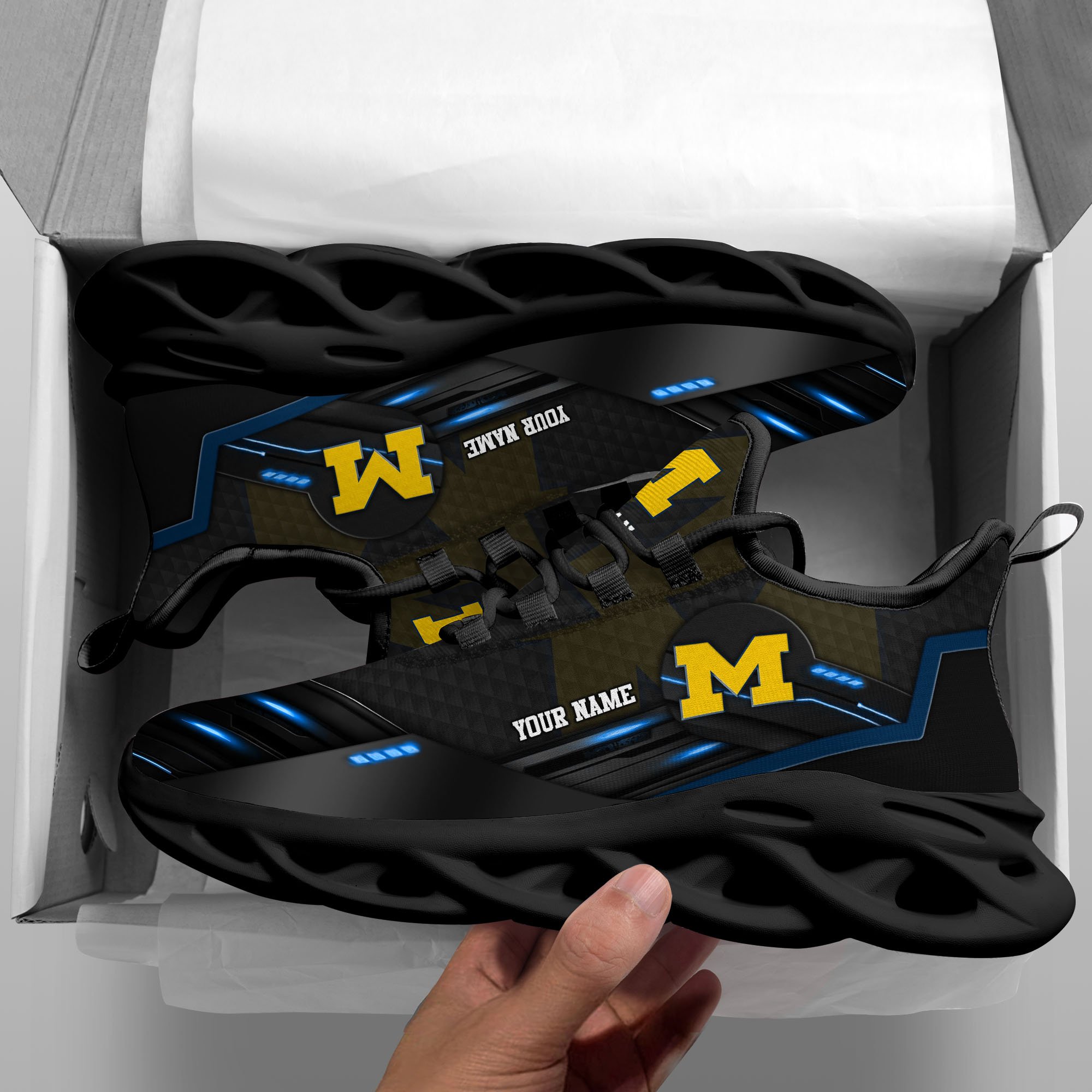 Michigan Wolverines Black Clunky Sneaker Custom Name, Max Soul Shoes, Sport Gifts For Fan