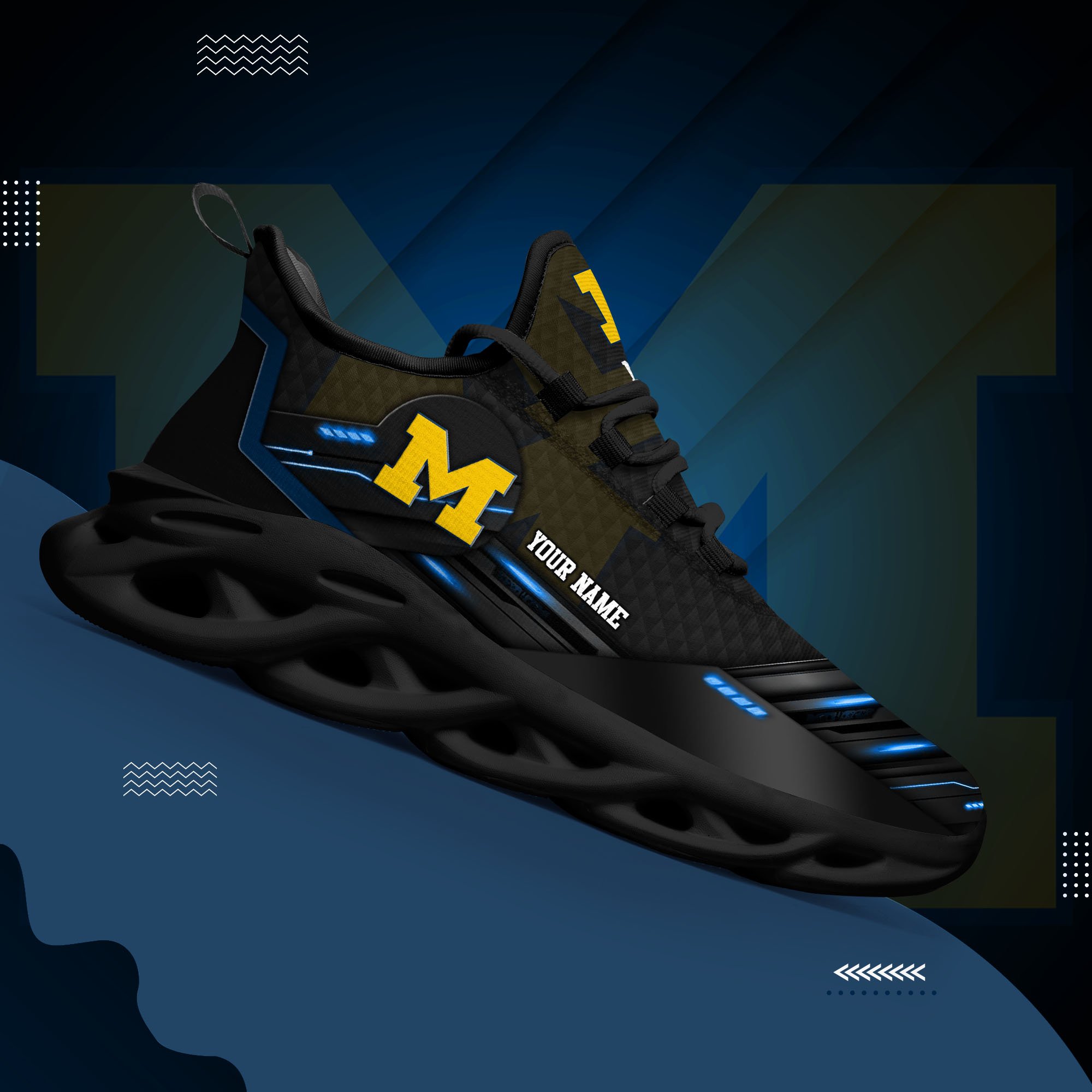 Michigan Wolverines Black Clunky Sneaker Custom Name, Max Soul Shoes, Sport Gifts For Fan