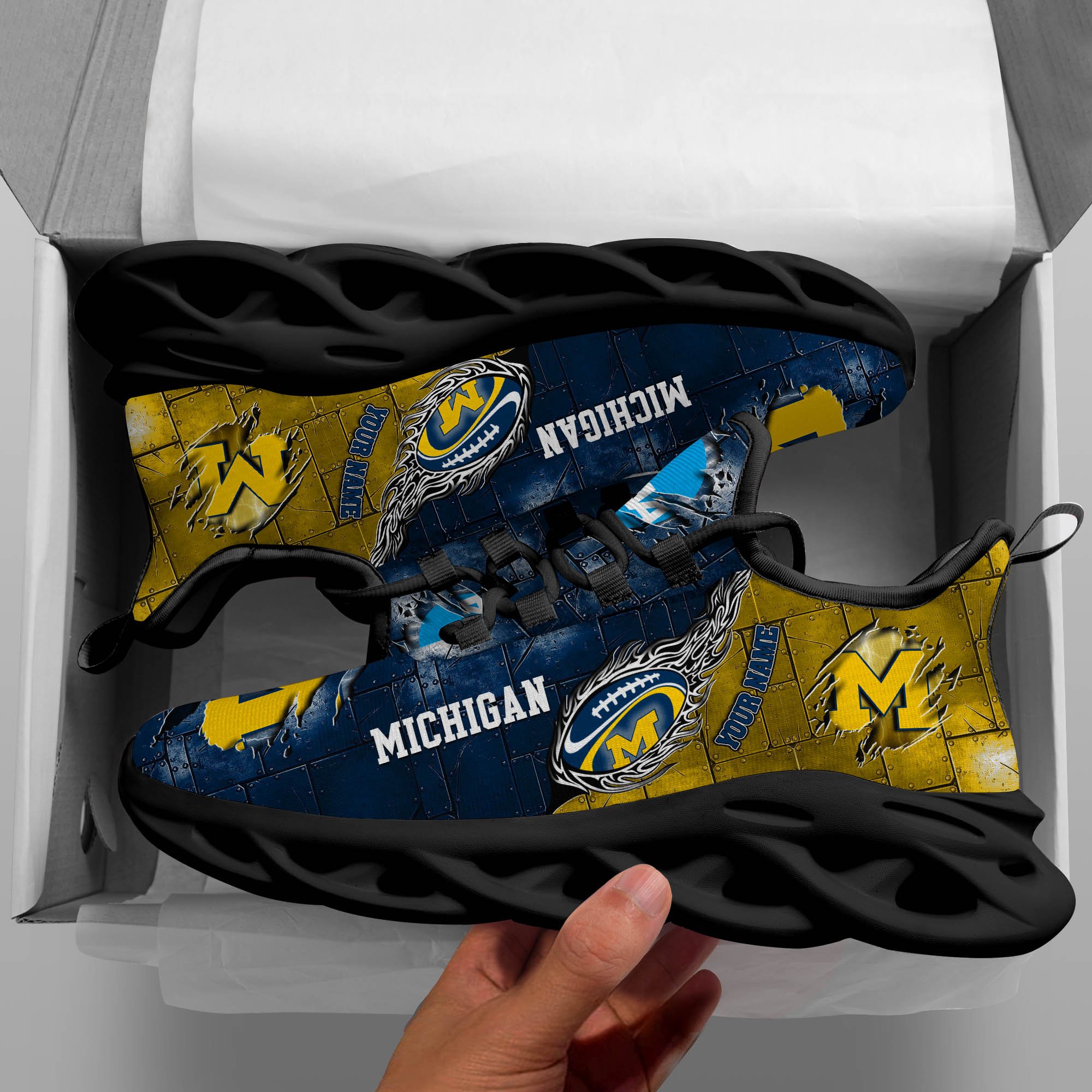 Michigan Wolverines Black Max Soul Shoes 2025 Versions, White Max Soul Shoes Custom Your Name PH879