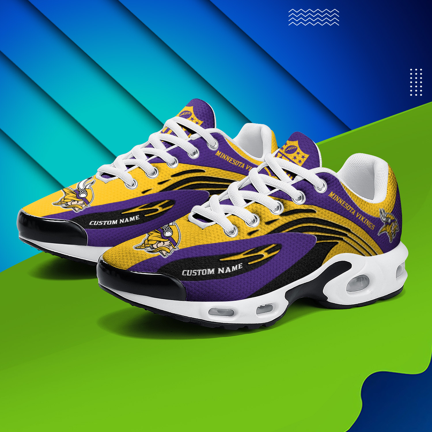 Minnesota Vikings Personalized Name Team Logo Mix Colors Wave Line TN Air Max Shoes Air Cushion Sneakers