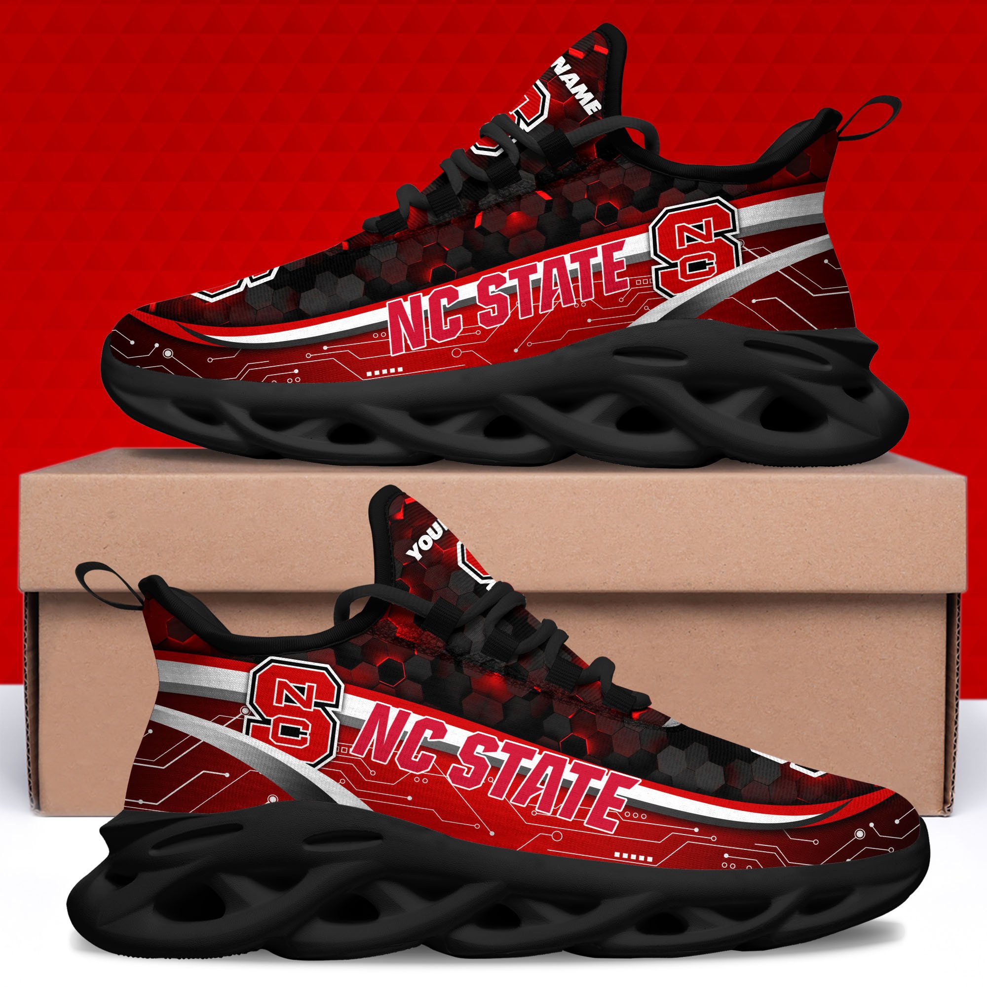 NC State Wolfpack Black Clunky Sneakers Custom Name, Max Soul Shoes, Sport Gifts