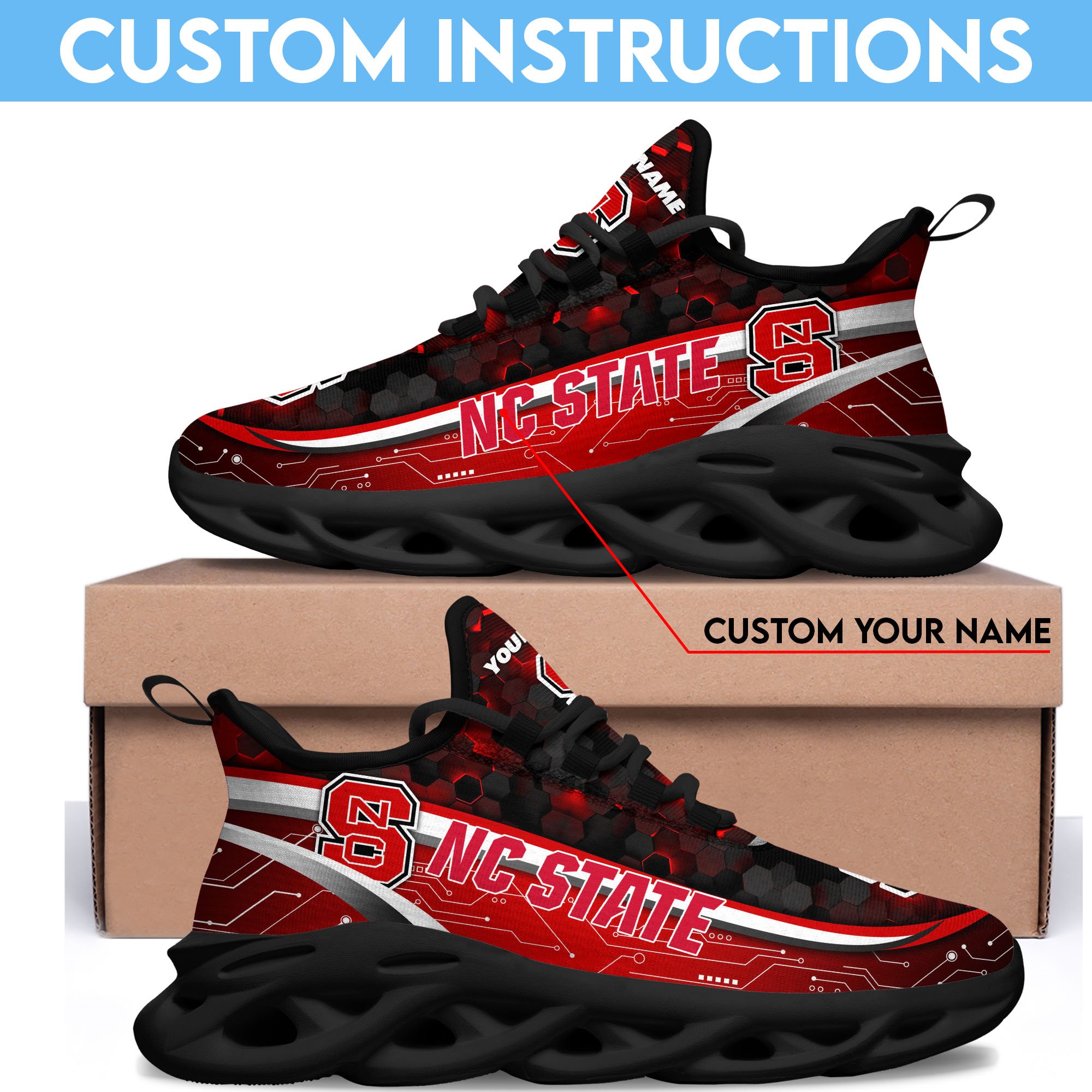 NC State Wolfpack Black Clunky Sneakers Custom Name, Max Soul Shoes, Sport Gifts