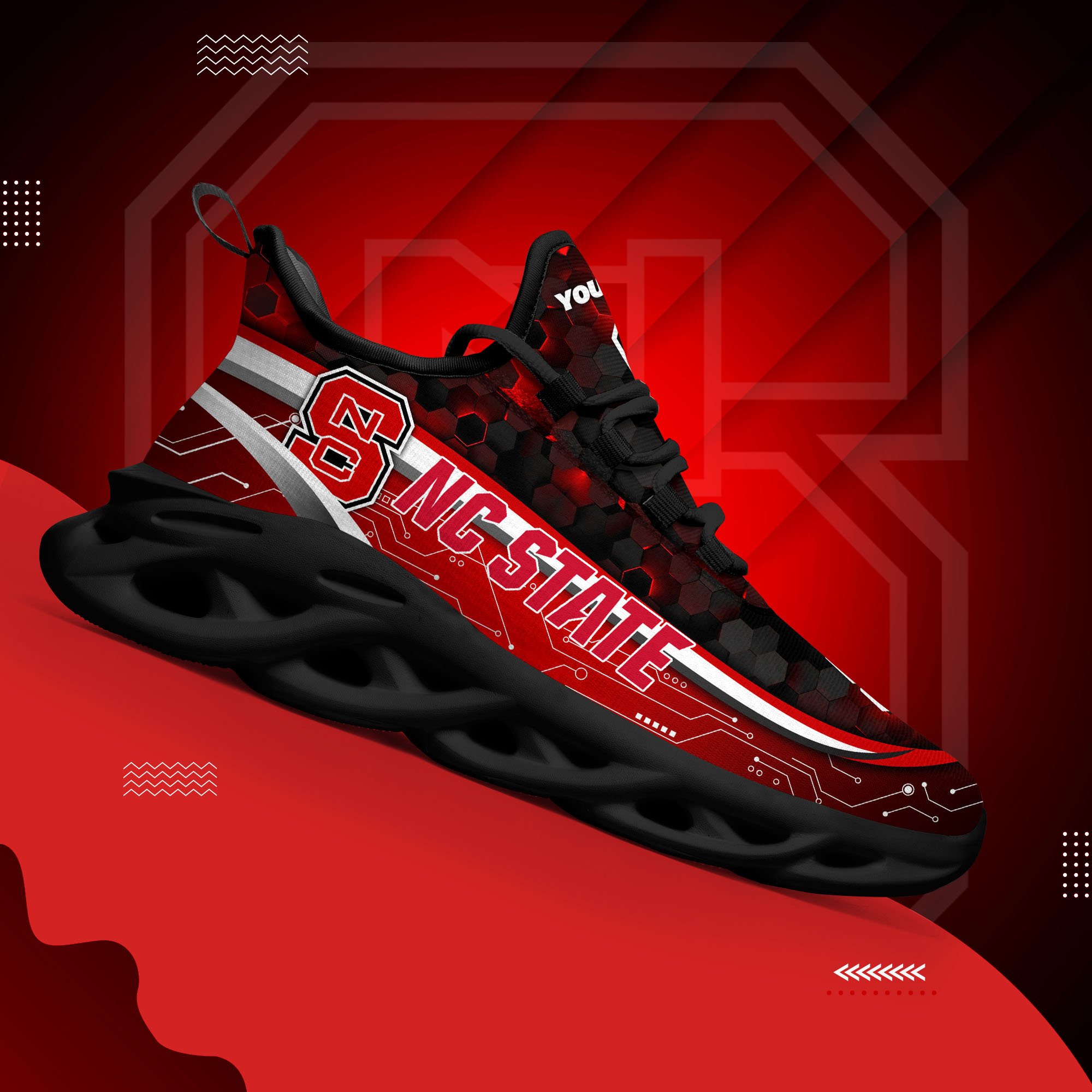 NC State Wolfpack Black Clunky Sneakers Custom Name, Max Soul Shoes, Sport Gifts