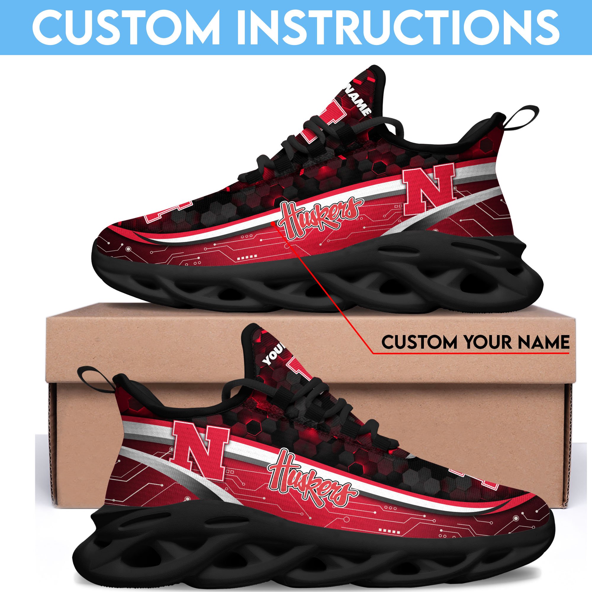 Nebraska Cornhuskers Black Clunky Sneakers Custom Name, Max Soul Shoes, Sport Gifts