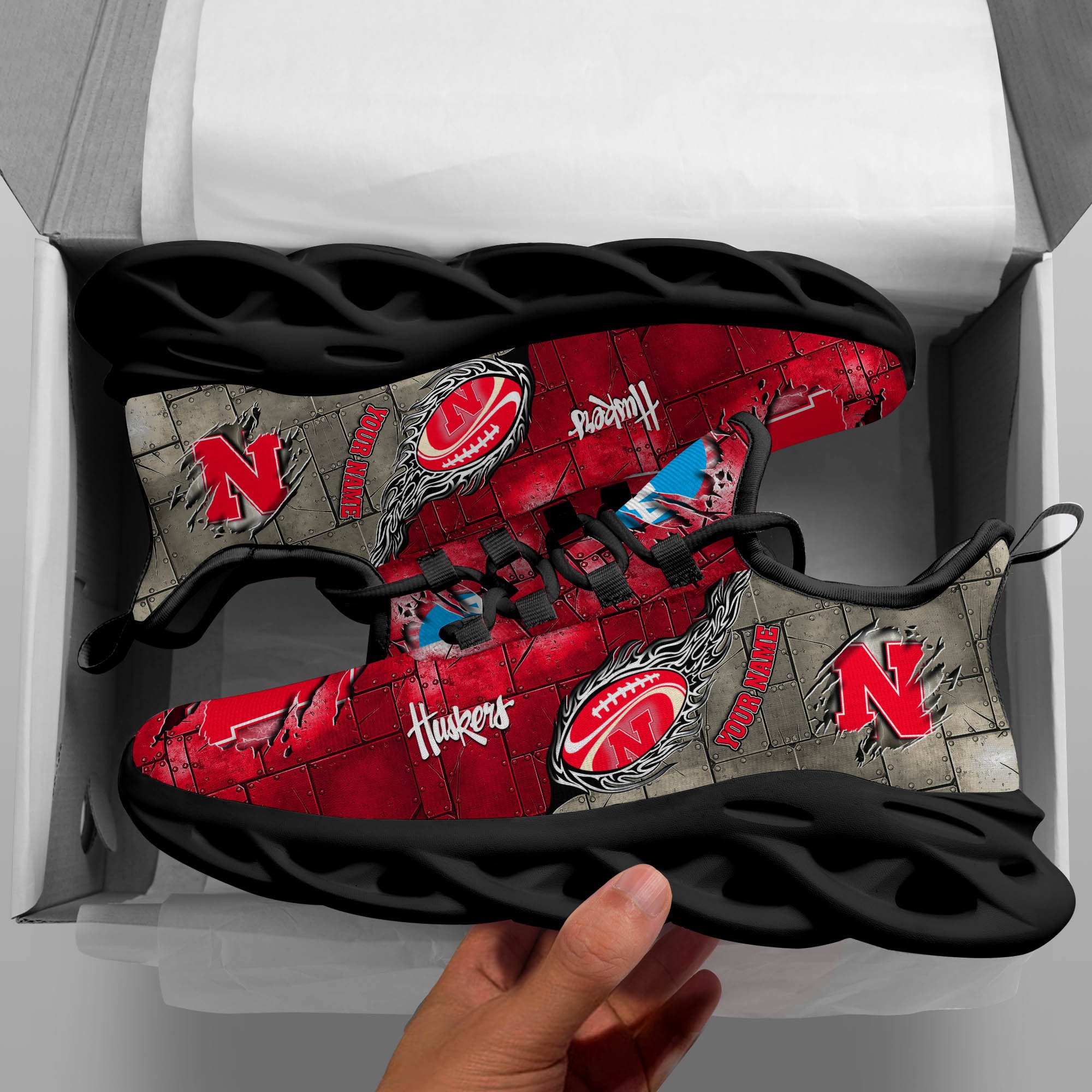 Nebraska Cornhuskers Black Max Soul Shoes 2025 Versions, White Max Soul Shoes Custom Your Name PH879