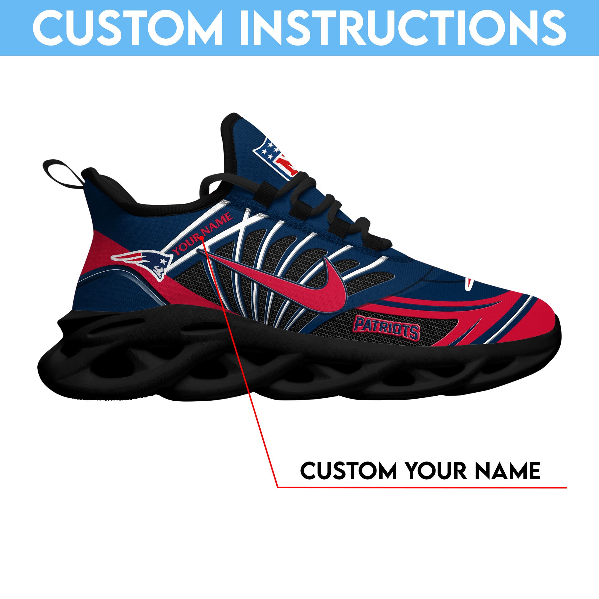 New England Patriots Black Max Soul Shoes 2025 Versions Custom Name 898