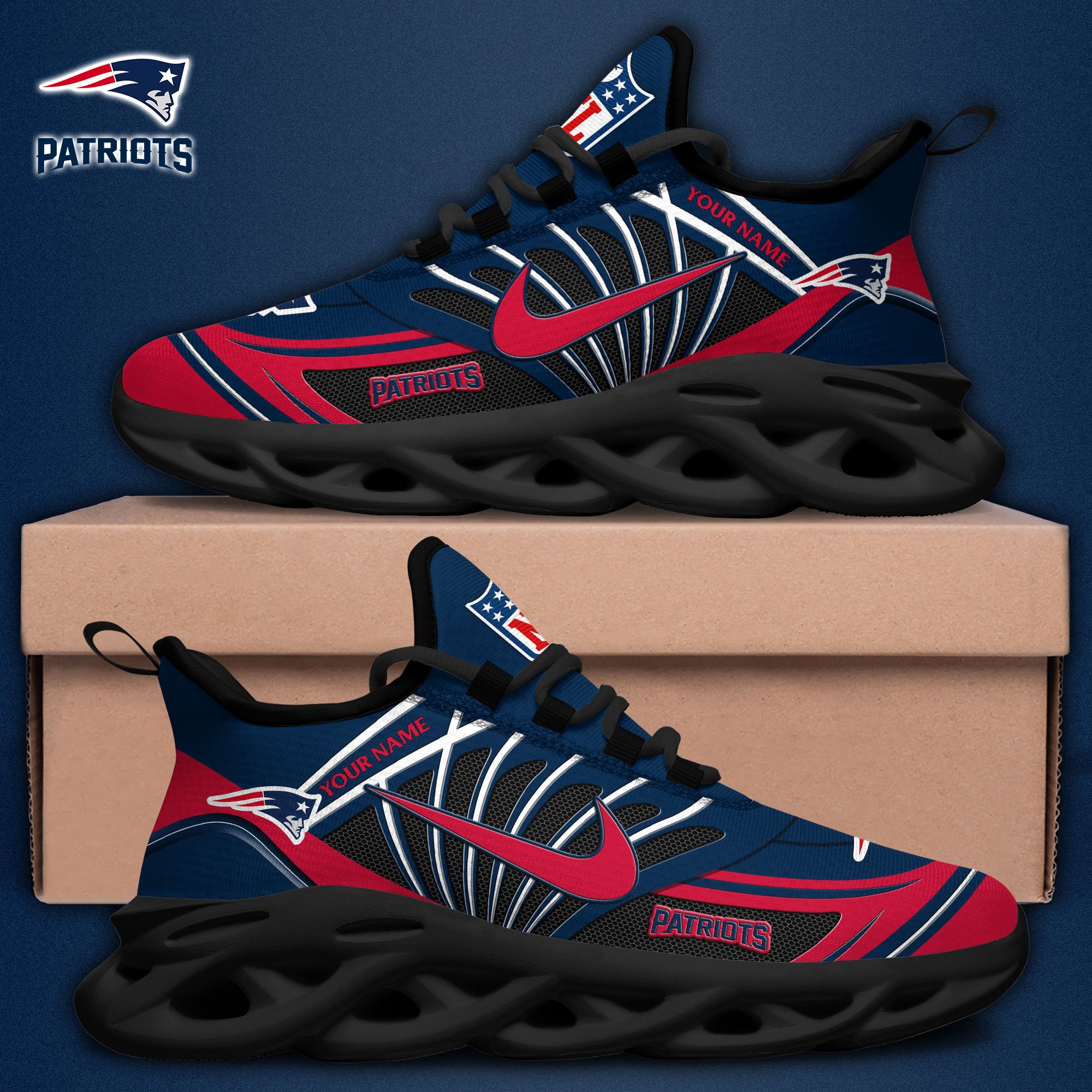 New England Patriots Black Max Soul Shoes 2025 Versions Custom Name 898