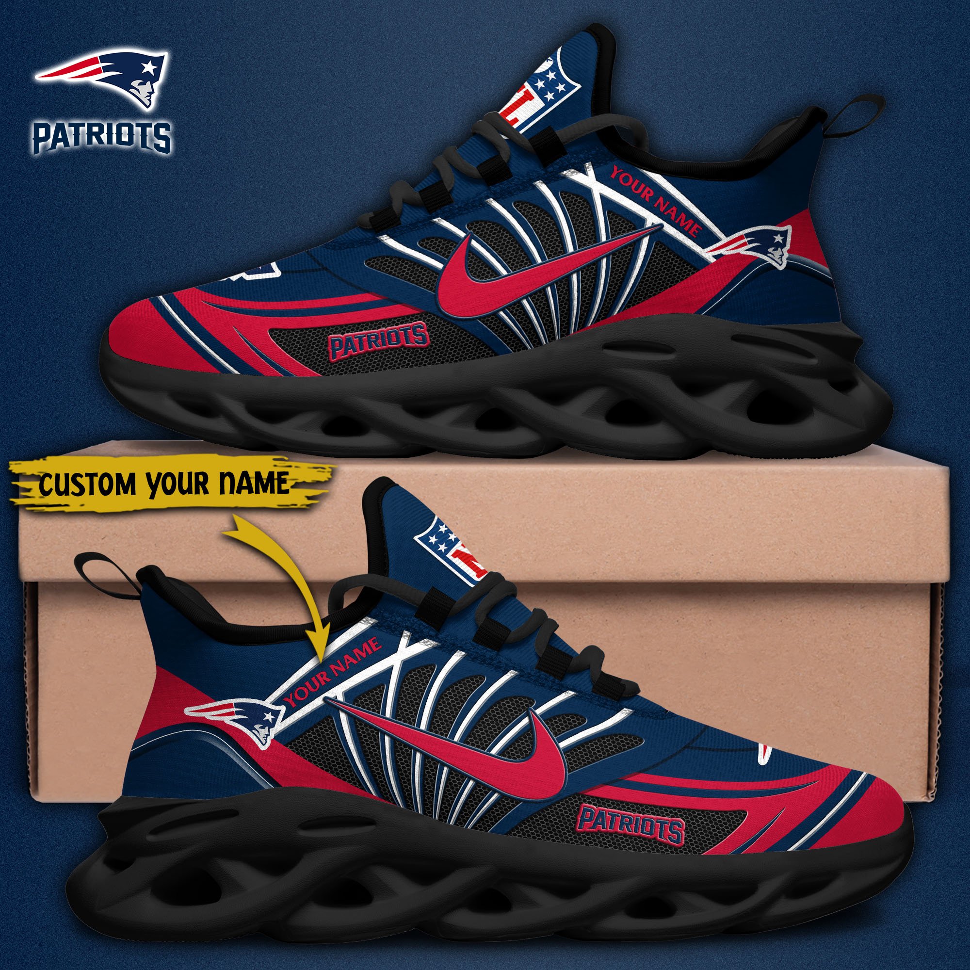 New England Patriots Black Max Soul Shoes 2025 Versions Custom Name 898