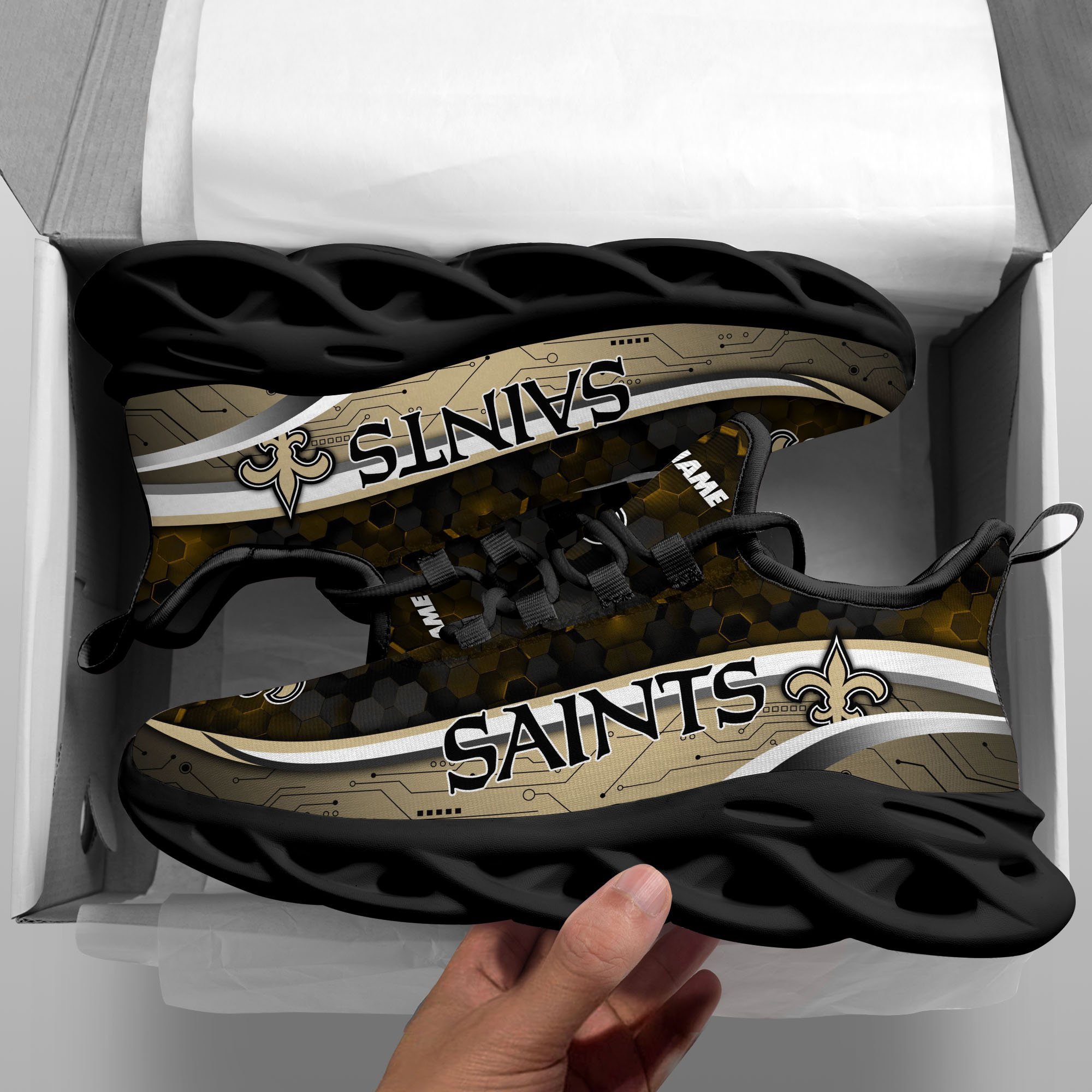 New Orleans Saints Black Clunky Sneakers Custom Name, Max Soul Shoes, Sport Gifts