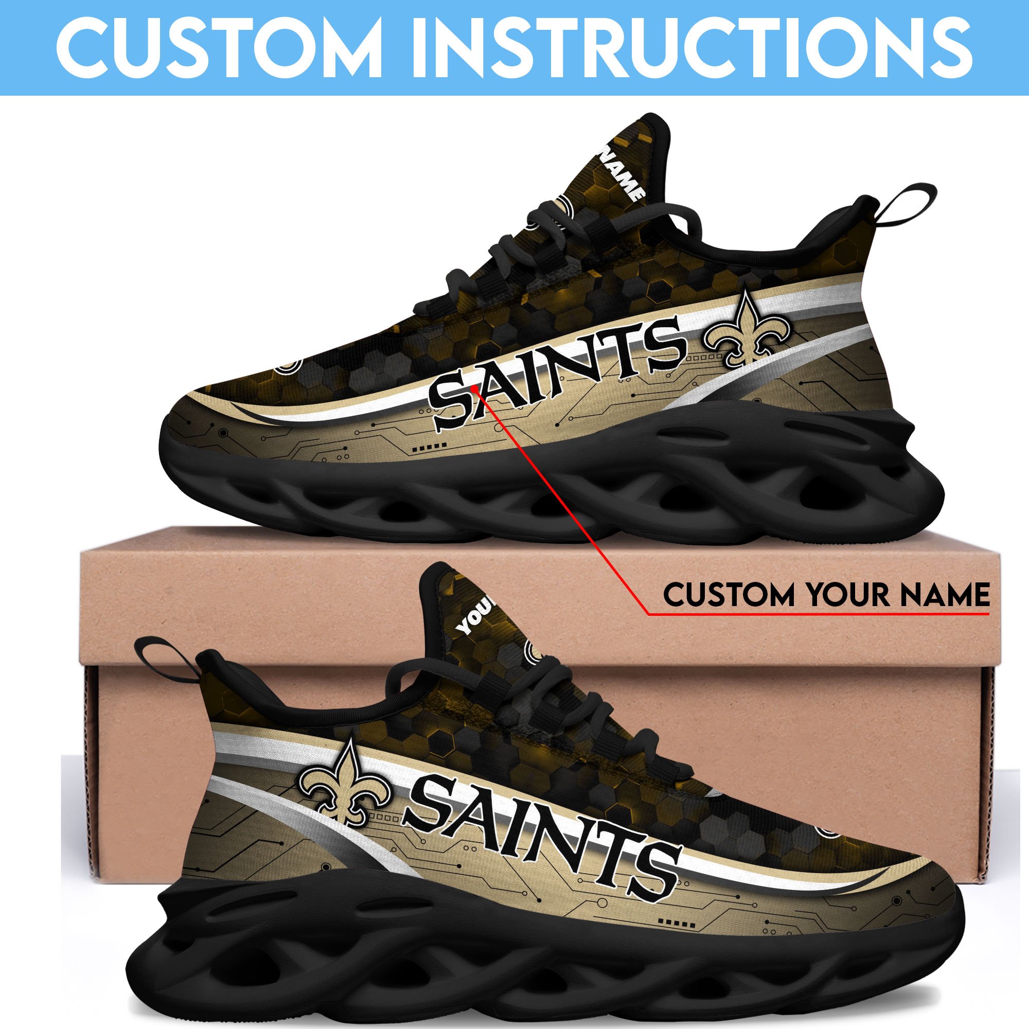 New Orleans Saints Black Clunky Sneakers Custom Name, Max Soul Shoes, Sport Gifts