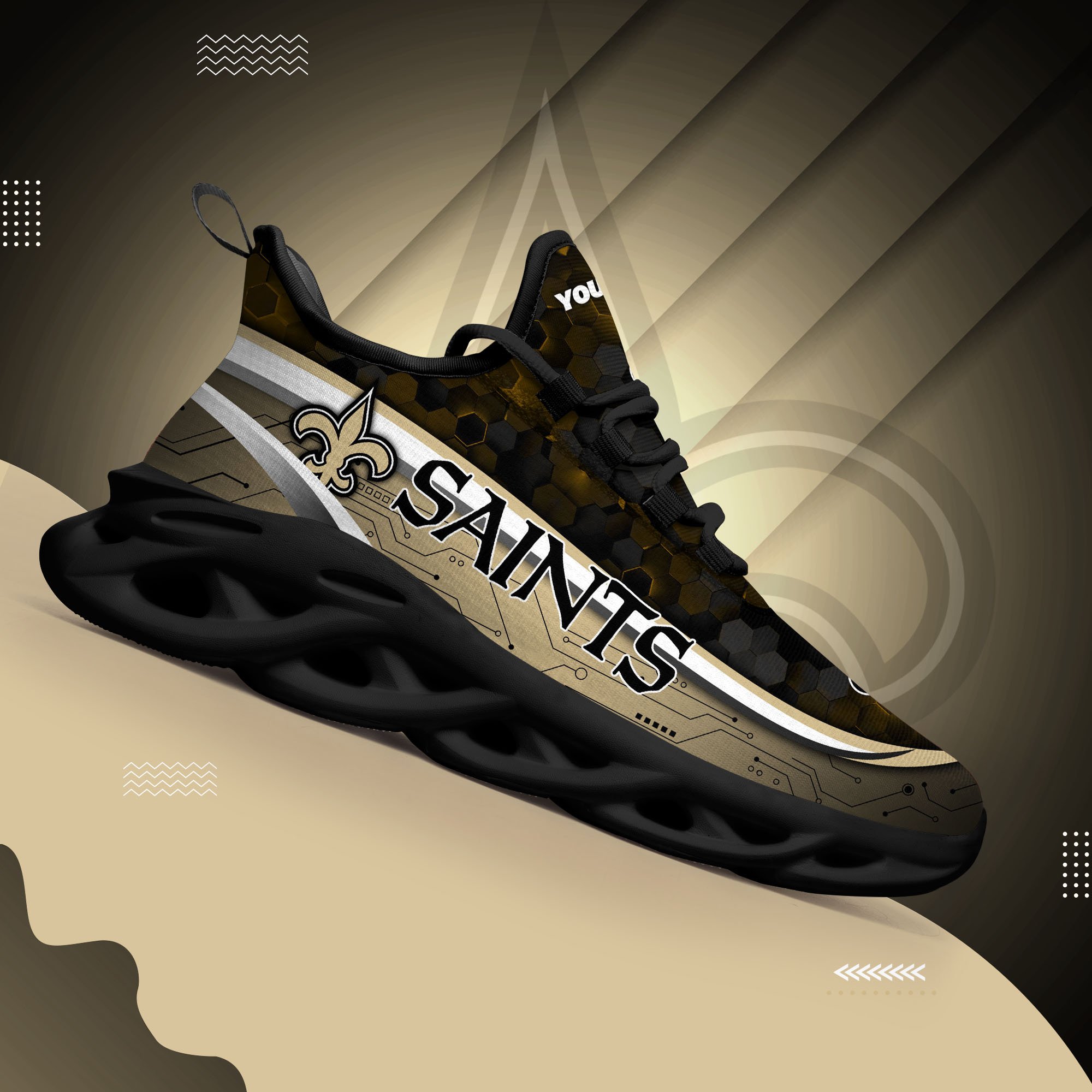 New Orleans Saints Black Clunky Sneakers Custom Name, Max Soul Shoes, Sport Gifts