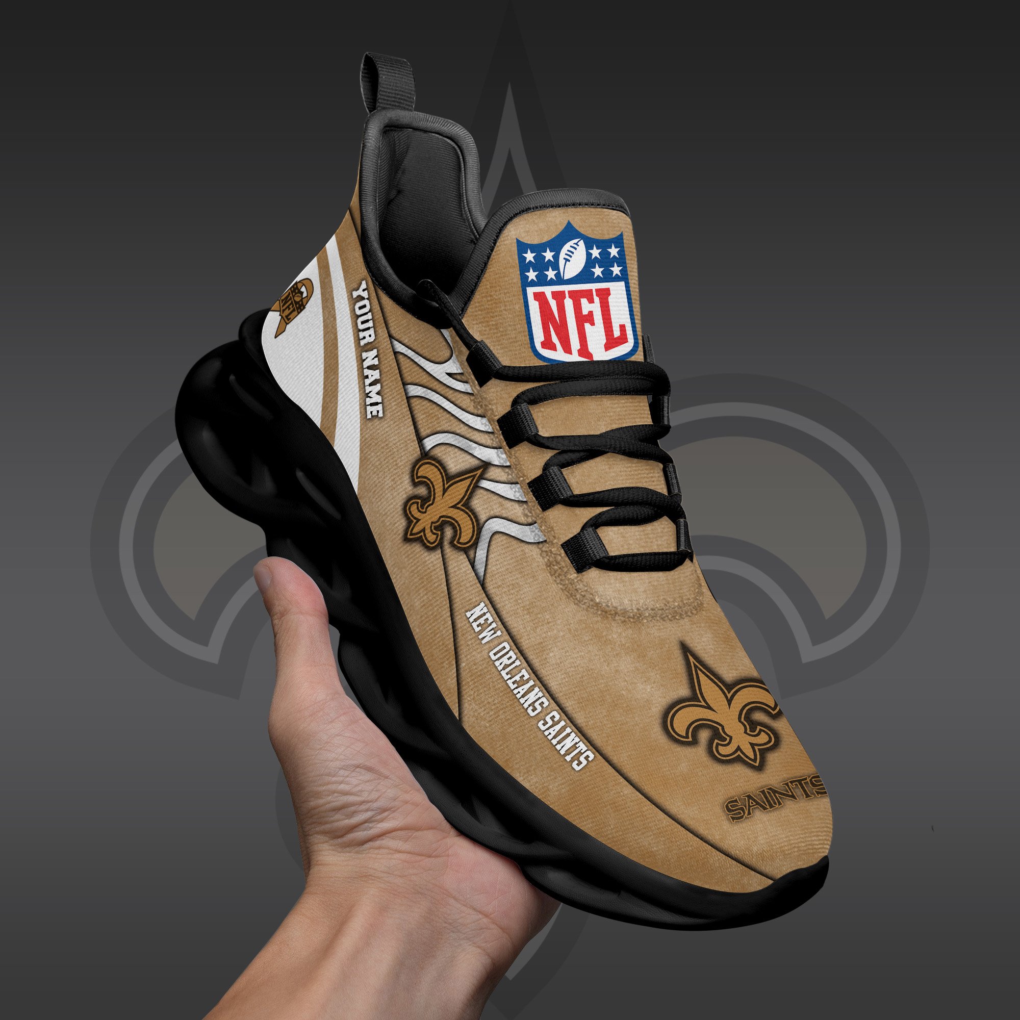 New Orleans Saints Black Max Soul Shoes 2025 Versions Custom Your Name And Number 264