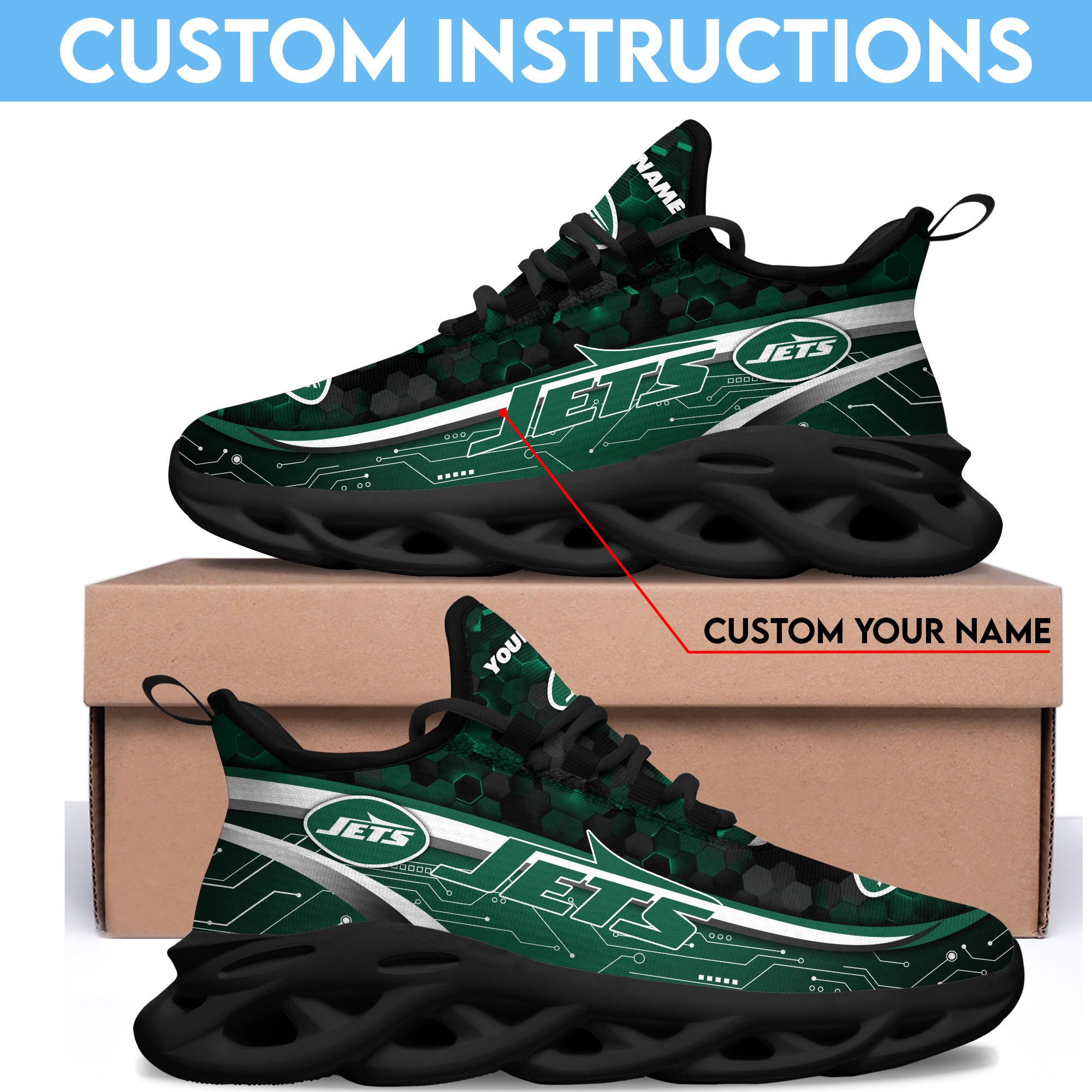 New York Jets Black Clunky Sneakers Custom Name, Max Soul Shoes, Sport Gifts