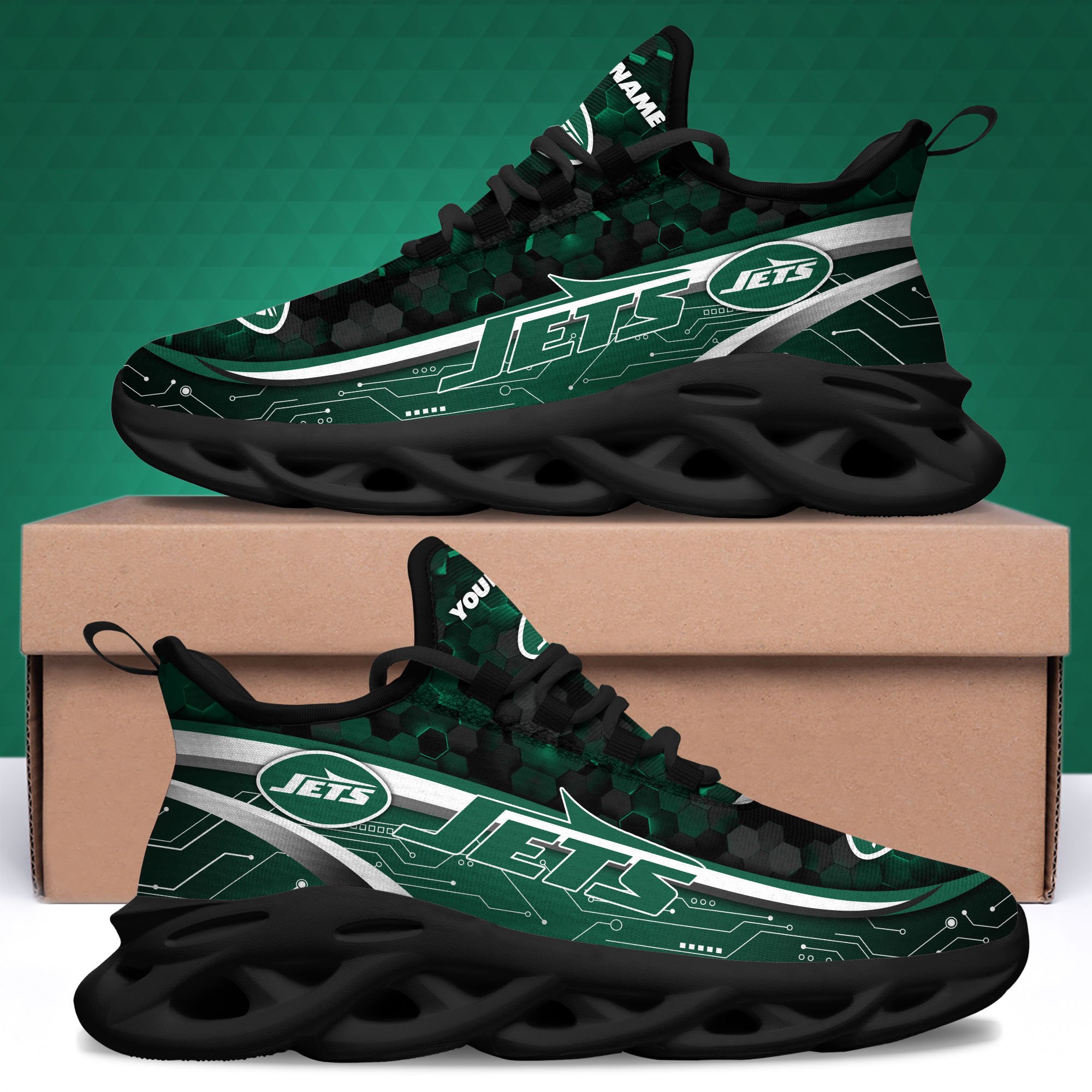 New York Jets Black Clunky Sneakers Custom Name, Max Soul Shoes, Sport Gifts