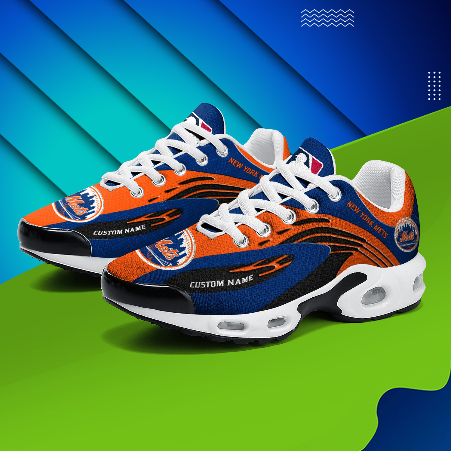 New York Mets Personalized Name Team Logo Mix Colors Wave Line TN Shoes Air Cushion Sneakers