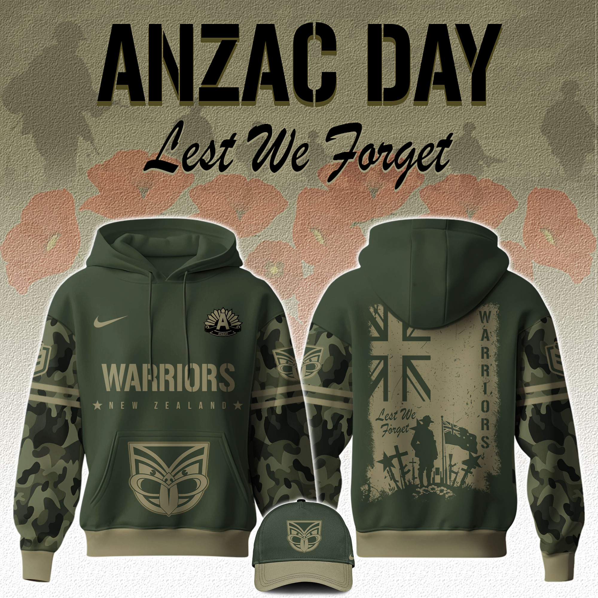 New   Zealand Warriors   x Anzac Day   Hoodie 2025 