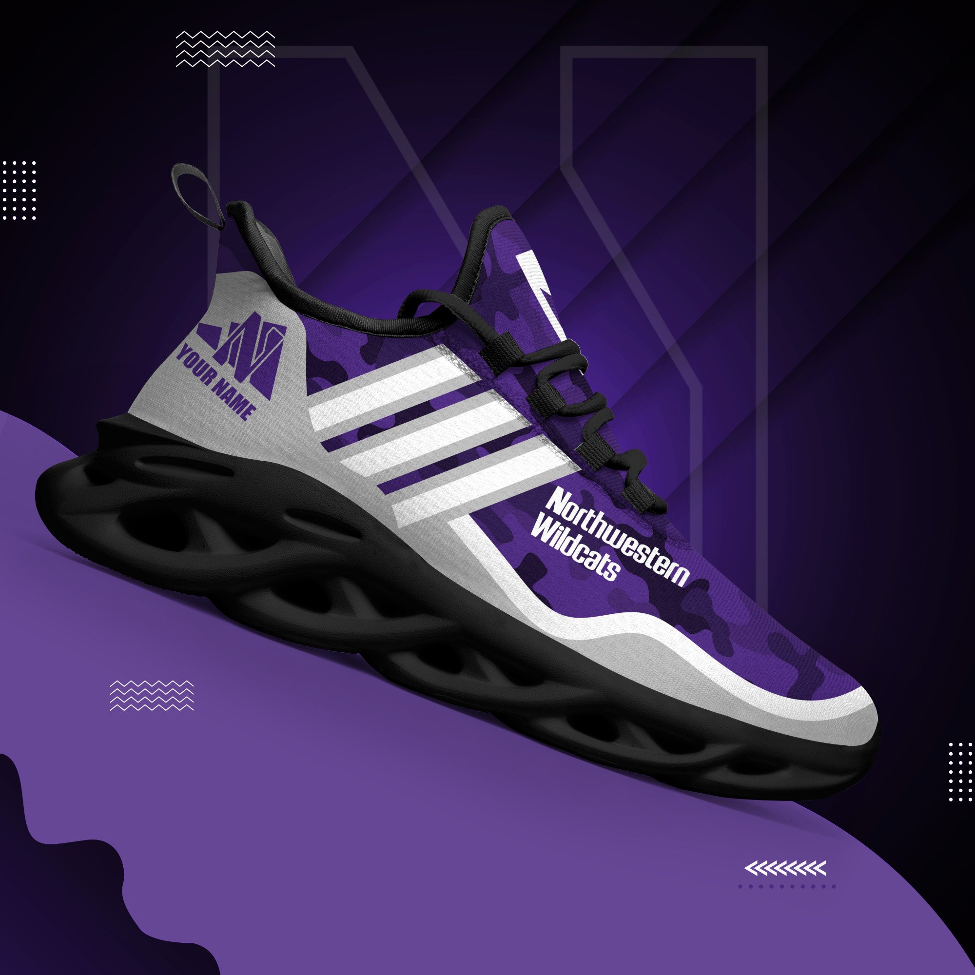 Northwestern Wildcats Black Max Soul Shoes 2025 Versions Custom Name 466