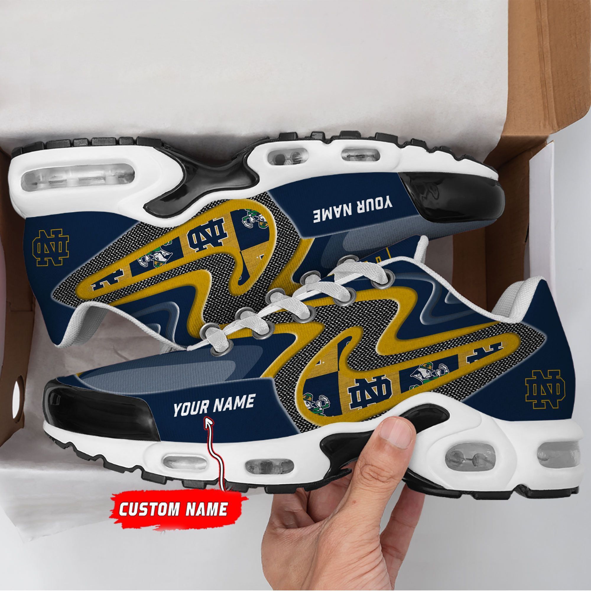 Notre Dame Fighting Irish Personalized Name Team Checkmark Logo Mix Colors Stitch Line TN Shoes Air Cushion Sneakers
