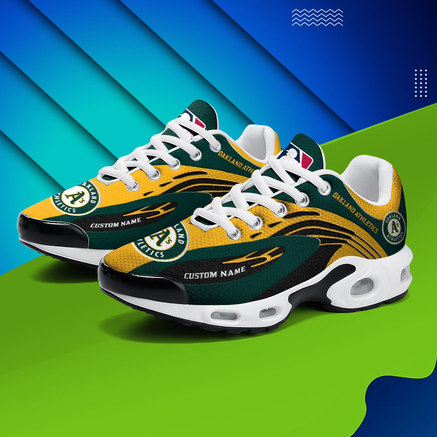 Oakland Athletics Personalized Name Team Logo Mix Colors Wave Line TN Air Max Shoes Air Cushion Sneakers