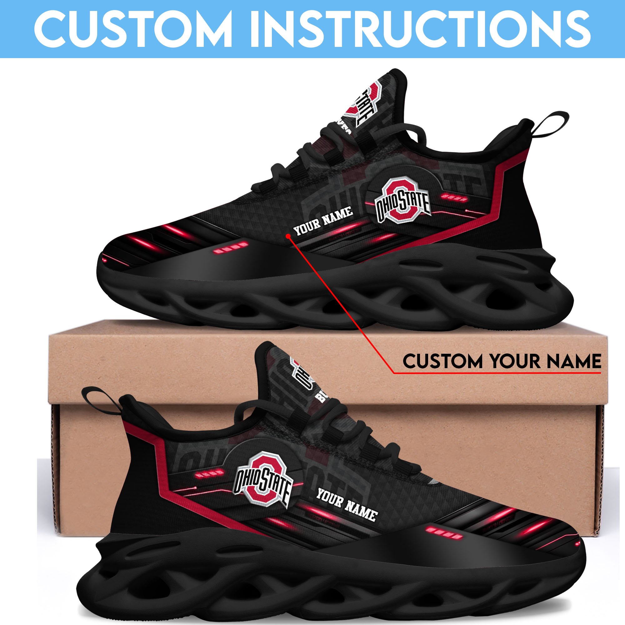 Ohio State Buckeyes Black Clunky Sneaker Custom Name, Max Soul Shoes, Sport Gifts For Fan