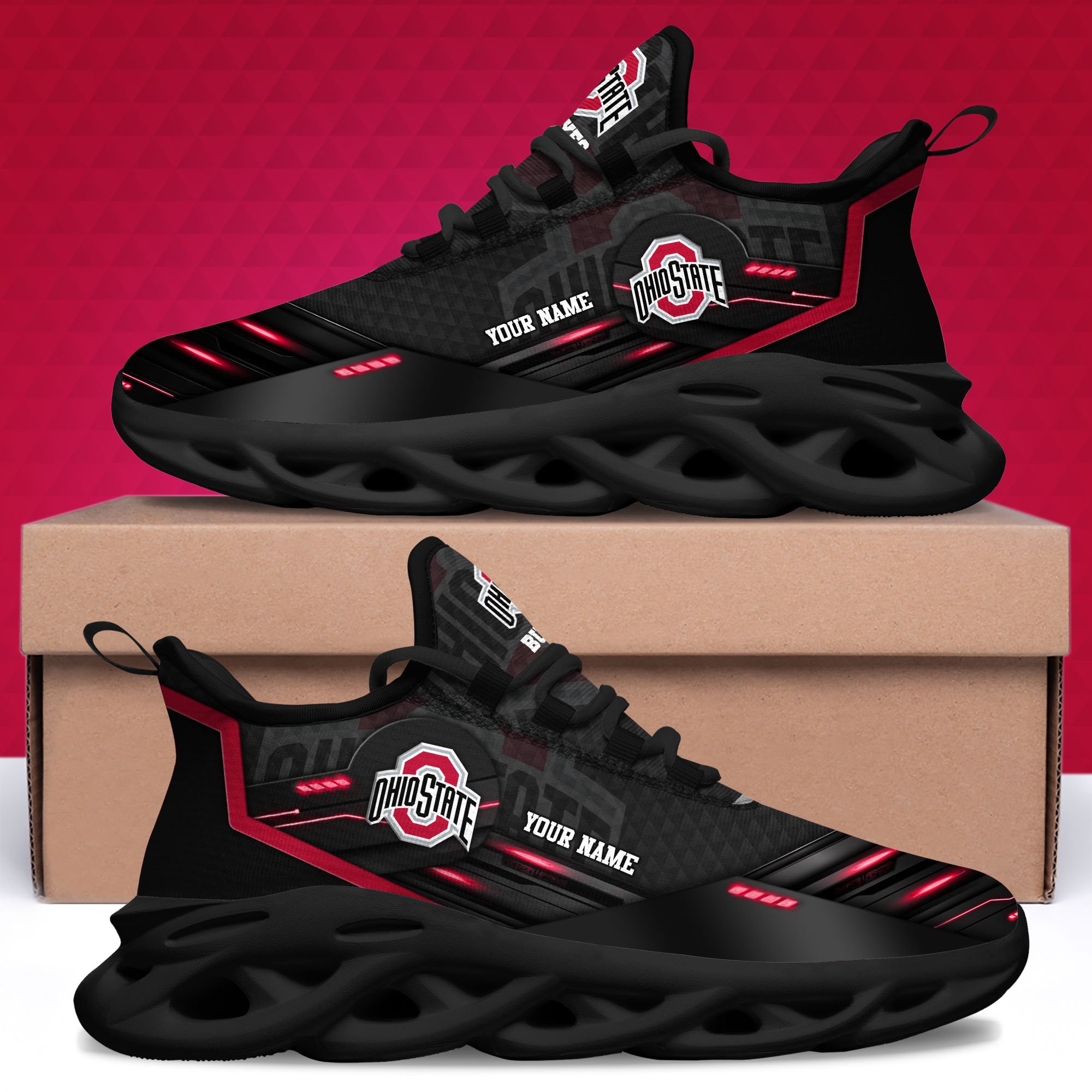 Ohio State Buckeyes Black Clunky Sneaker Custom Name, Max Soul Shoes, Sport Gifts For Fan