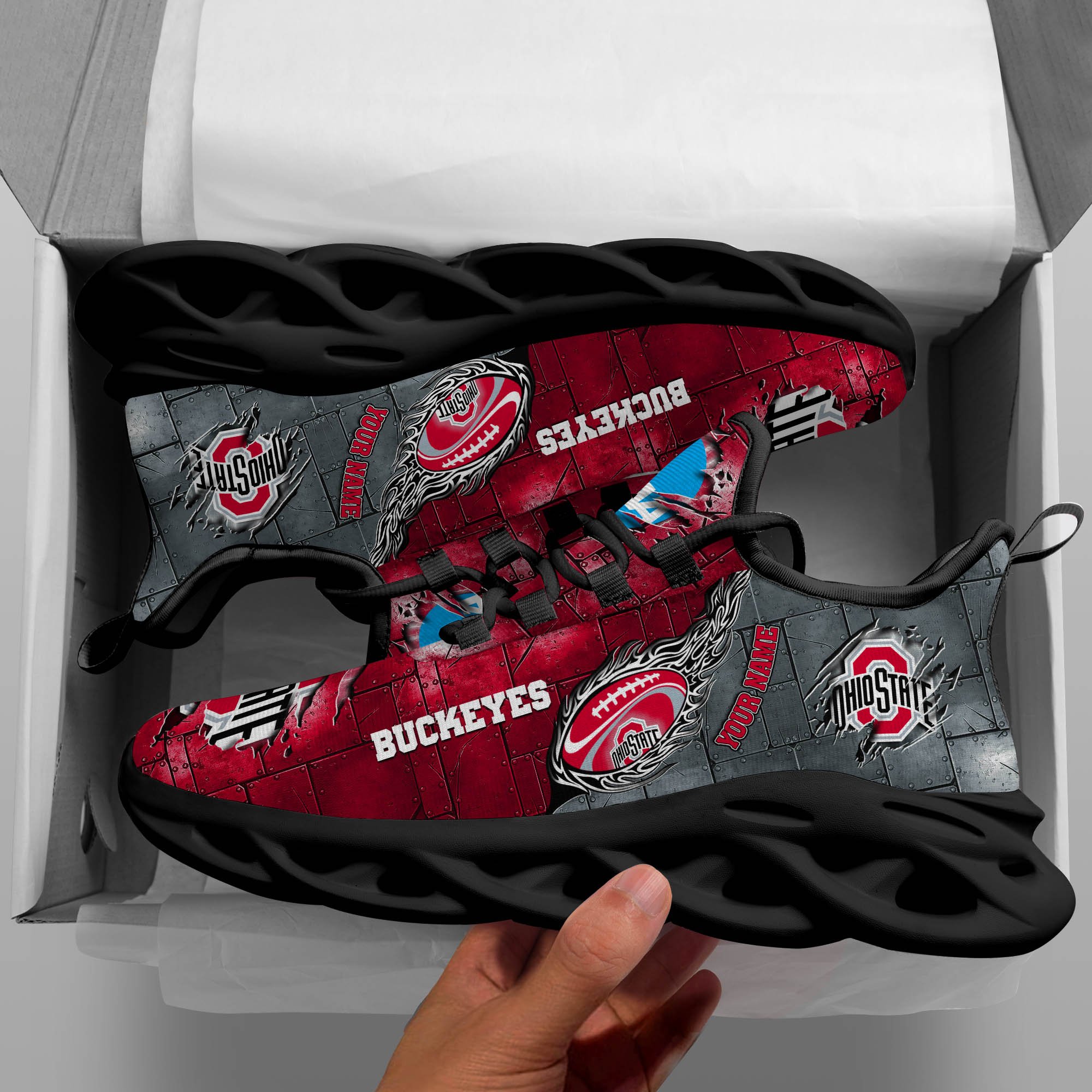 Ohio State Buckeyes Black Max Soul Shoes 2025 Versions, White Max Soul Shoes Custom Your Name PH879