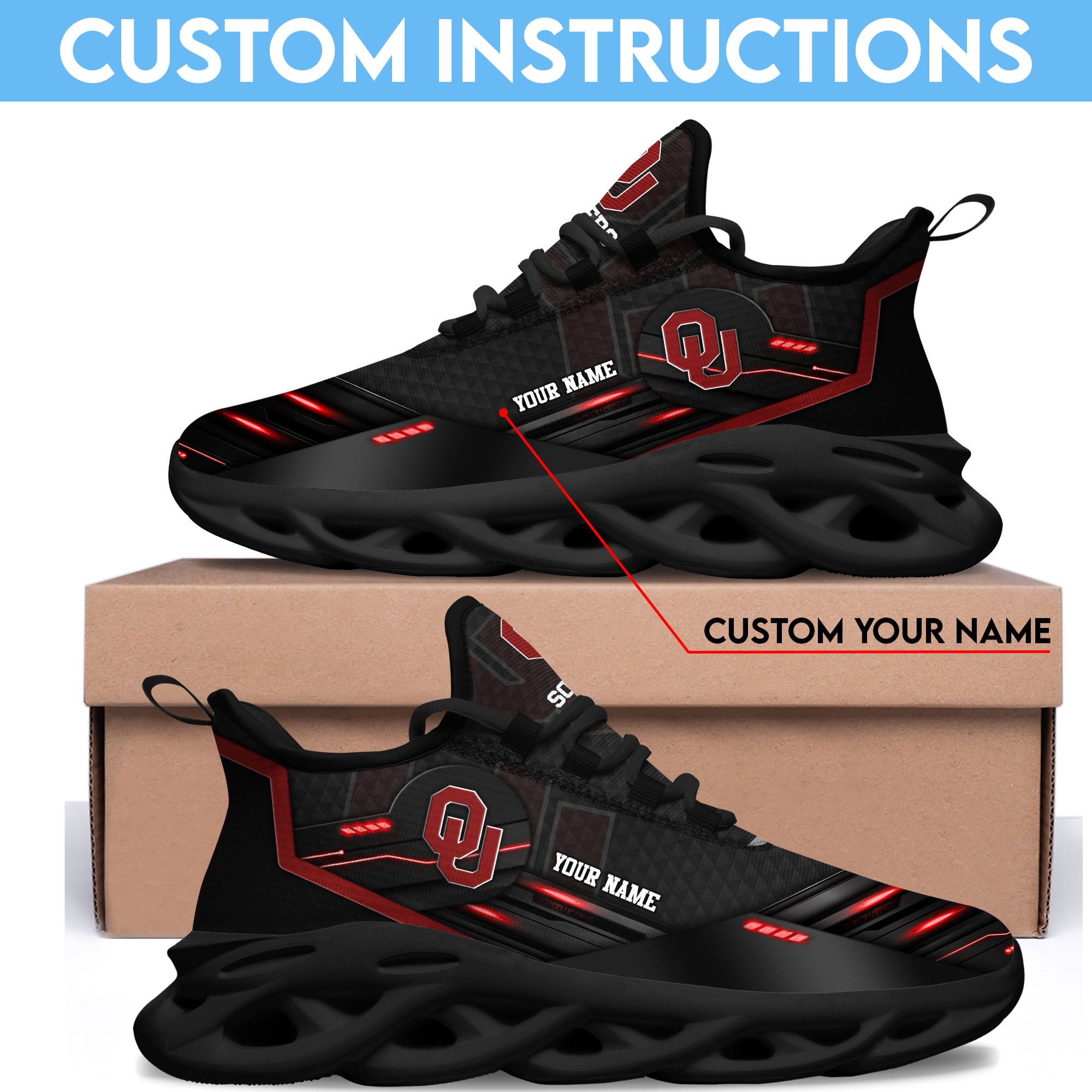 Oklahoma Sooners Black Clunky Sneaker Custom Name, Max Soul Shoes, Sport Gifts For Fan