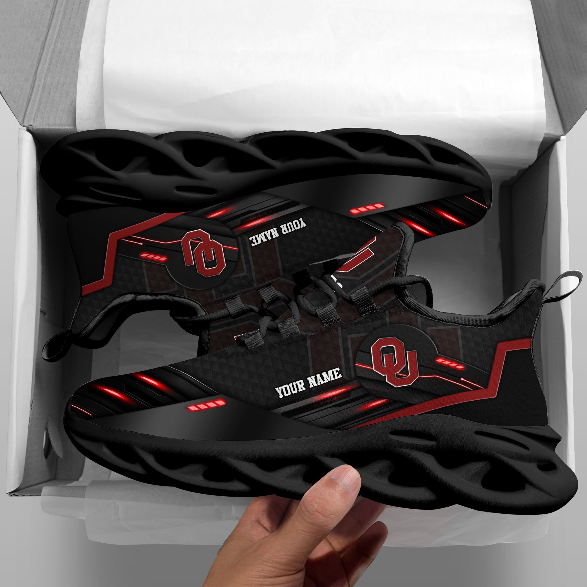 Oklahoma Sooners Black Clunky Sneaker Custom Name, Max Soul Shoes, Sport Gifts For Fan