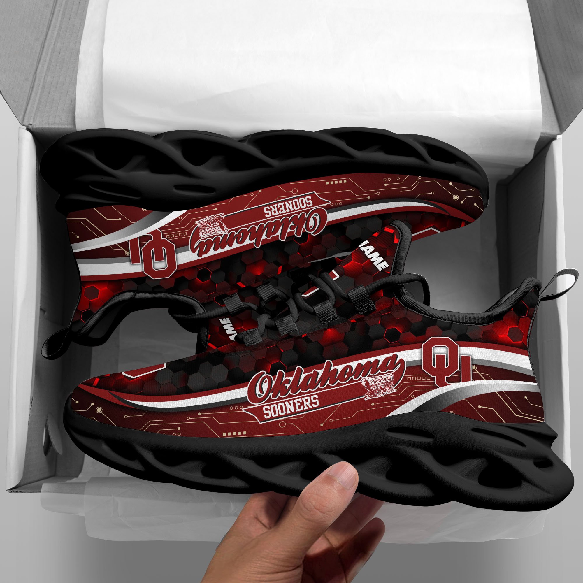 Oklahoma Sooners Black Clunky Sneakers Custom Name, Max Soul Shoes, Sport Gifts