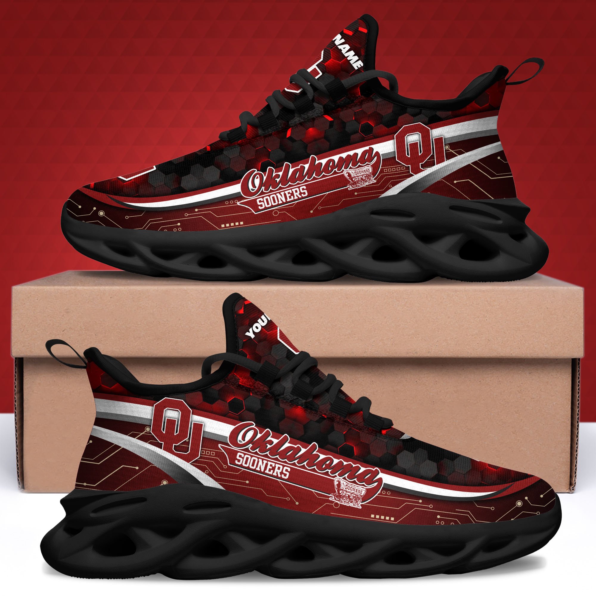 Oklahoma Sooners Black Clunky Sneakers Custom Name, Max Soul Shoes, Sport Gifts
