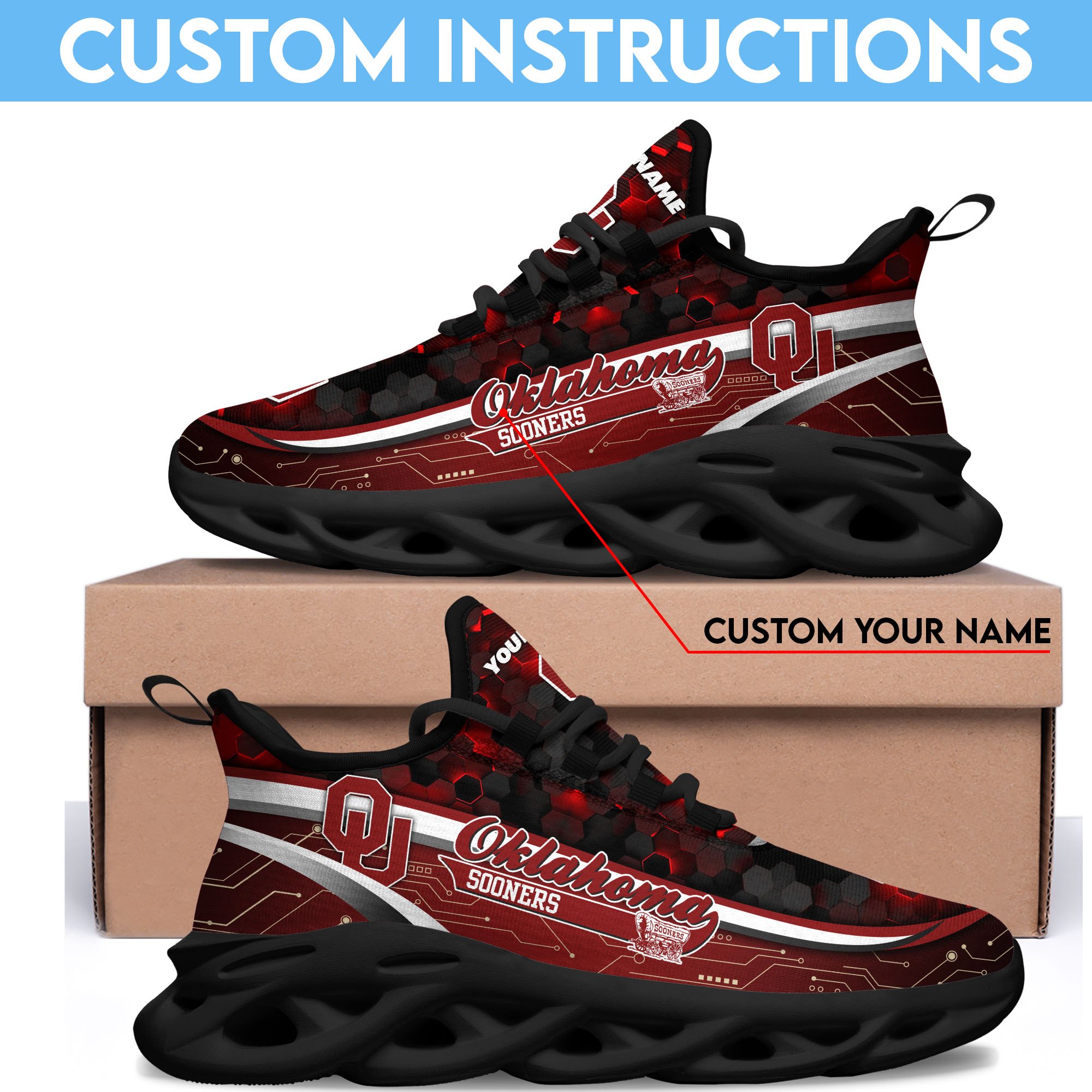 Oklahoma Sooners Black Clunky Sneakers Custom Name, Max Soul Shoes, Sport Gifts