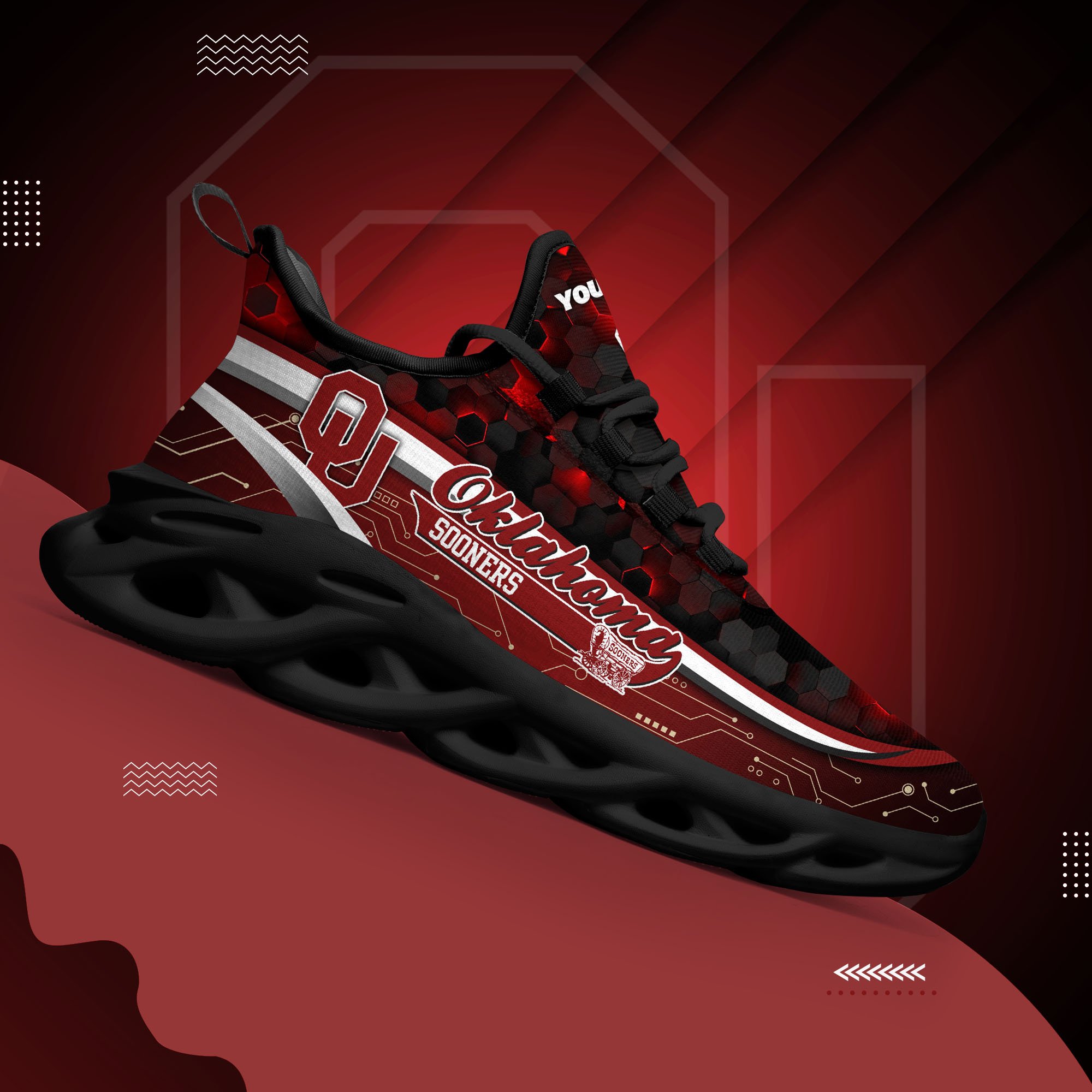 Oklahoma Sooners Black Clunky Sneakers Custom Name, Max Soul Shoes, Sport Gifts