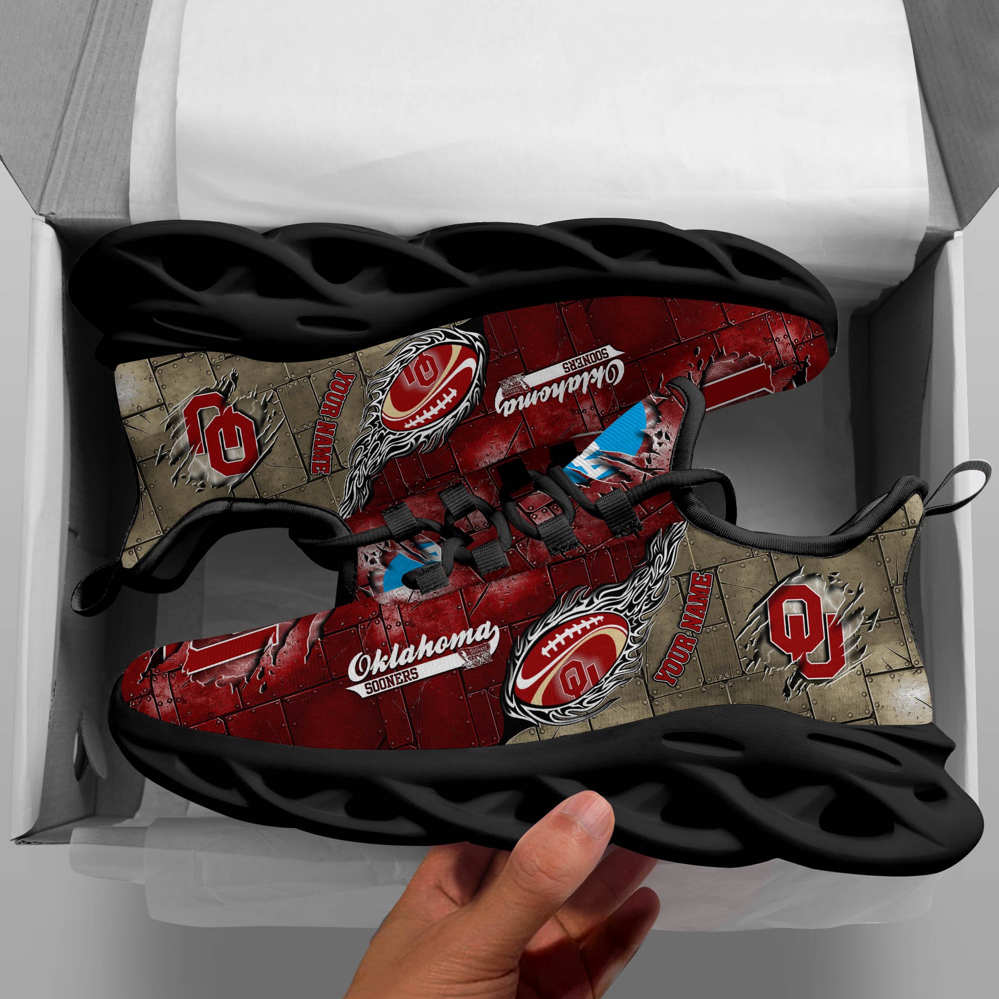 Oklahoma Sooners Black Max Soul Shoes 2025 Versions, White Max Soul Shoes Custom Your Name PH879