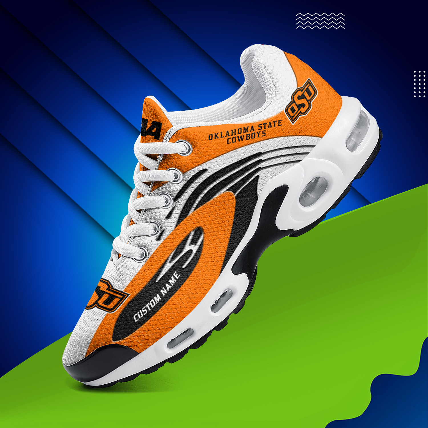 Oklahoma State Cowboys Personalized Name Team Logo Mix Colors Wave Line TN Air Max Shoes Air Cushion Sneakers