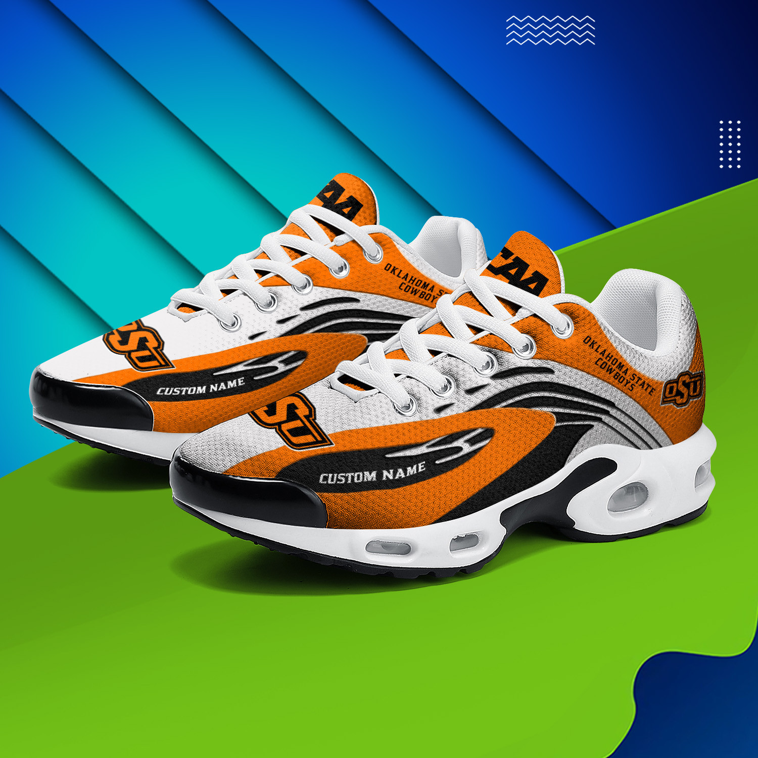 Oklahoma State Cowboys Personalized Name Team Logo Mix Colors Wave Line TN Shoes Air Cushion Sneakers