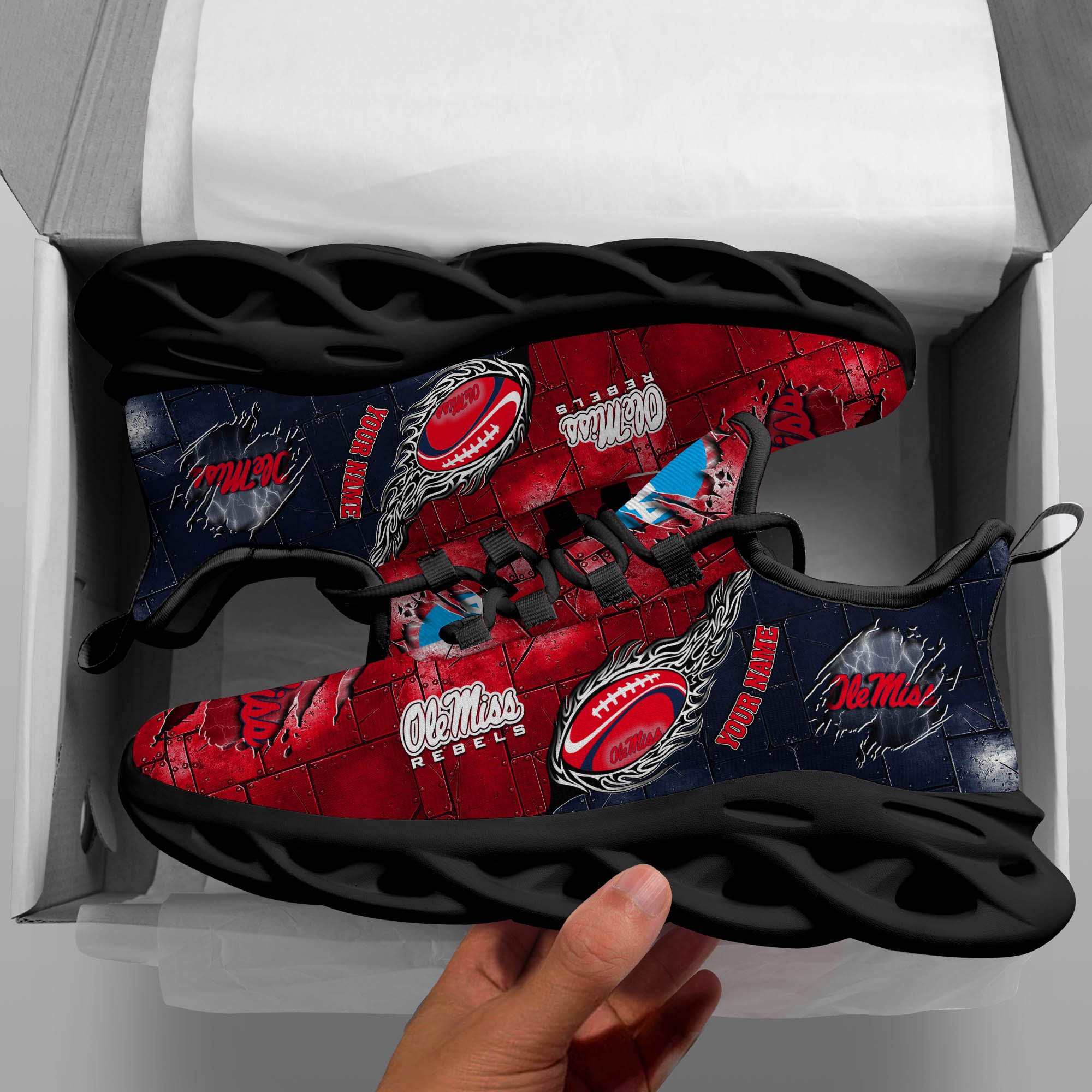 Ole Miss Rebels Black Max Soul Shoes 2025 Versions, White Max Soul Shoes Custom Your Name PH879