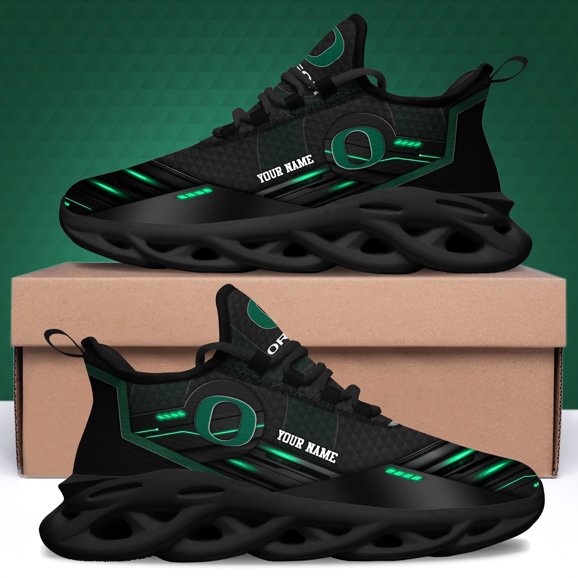 Oregon Ducks Black Clunky Sneaker Custom Name, Max Soul Shoes, Sport Gifts For Fan