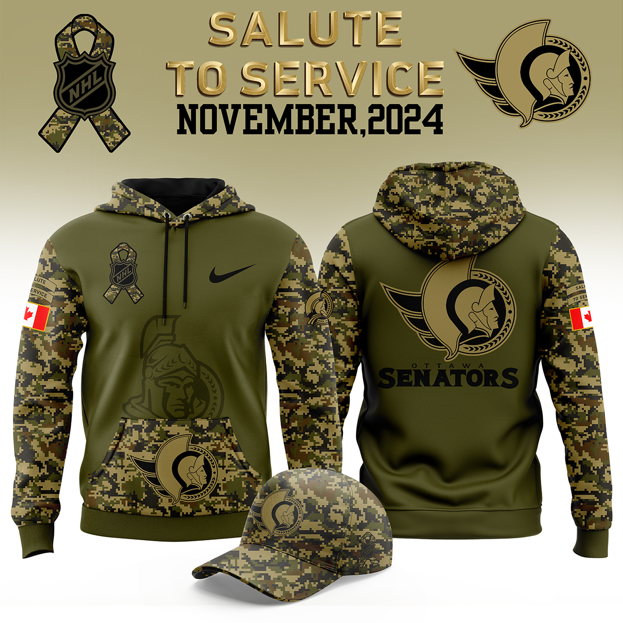 Ottawa Senators Camo Salute to Service Premium Club Fleece Pullover Hoodie 