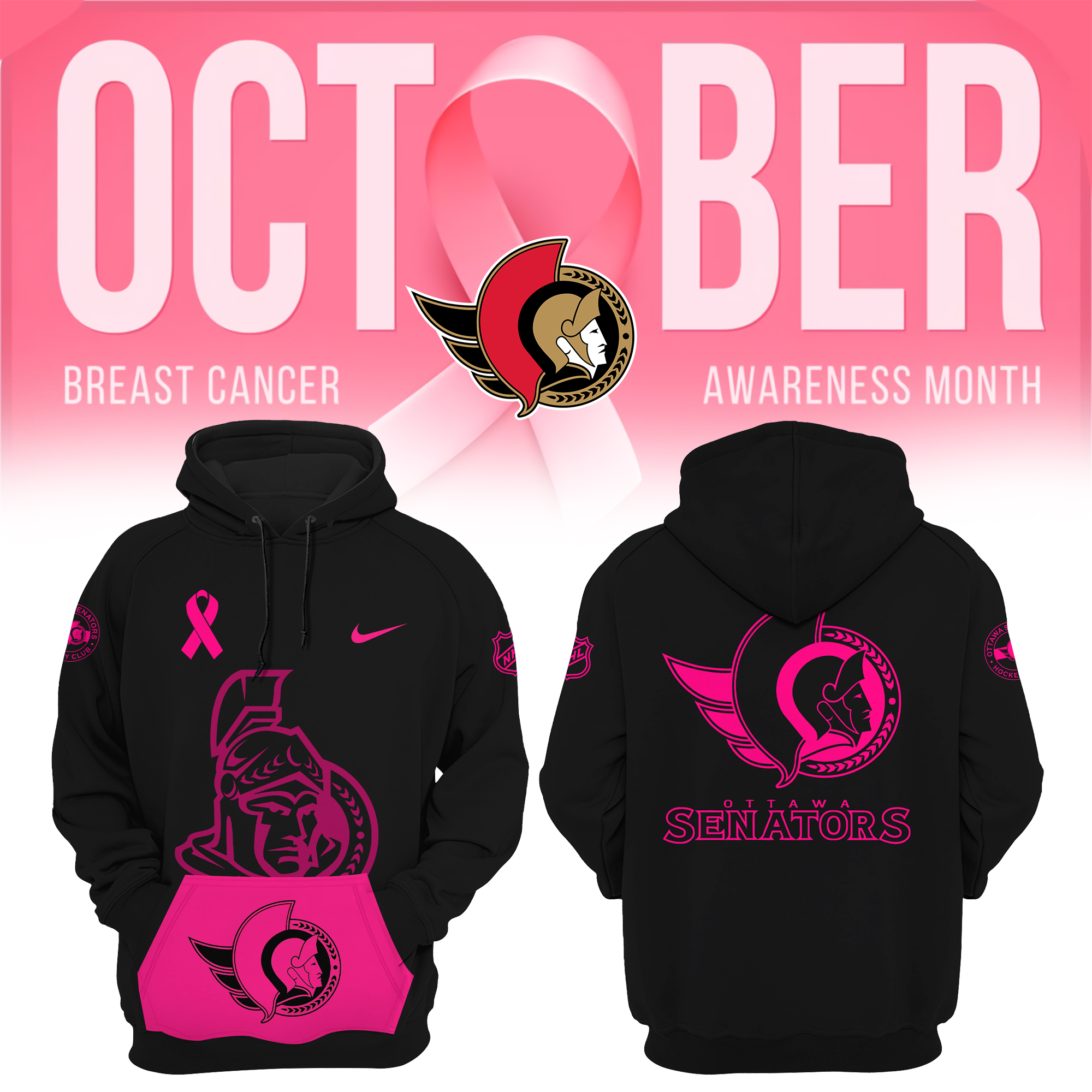Ottawa Senators NHL Breast Cancer Awareness Month Pullover Hoodie 