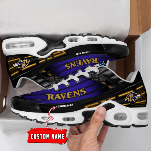 Personalized Baltimore Ravens Black And Team Color Stripes Black TN Air Max Shoes Air Cushion Sneakers