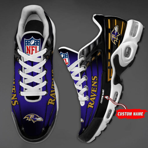 Personalized Baltimore RavensBlack And Team Color Stripes Black TN Air Max Shoes Air Cushion Sneakers