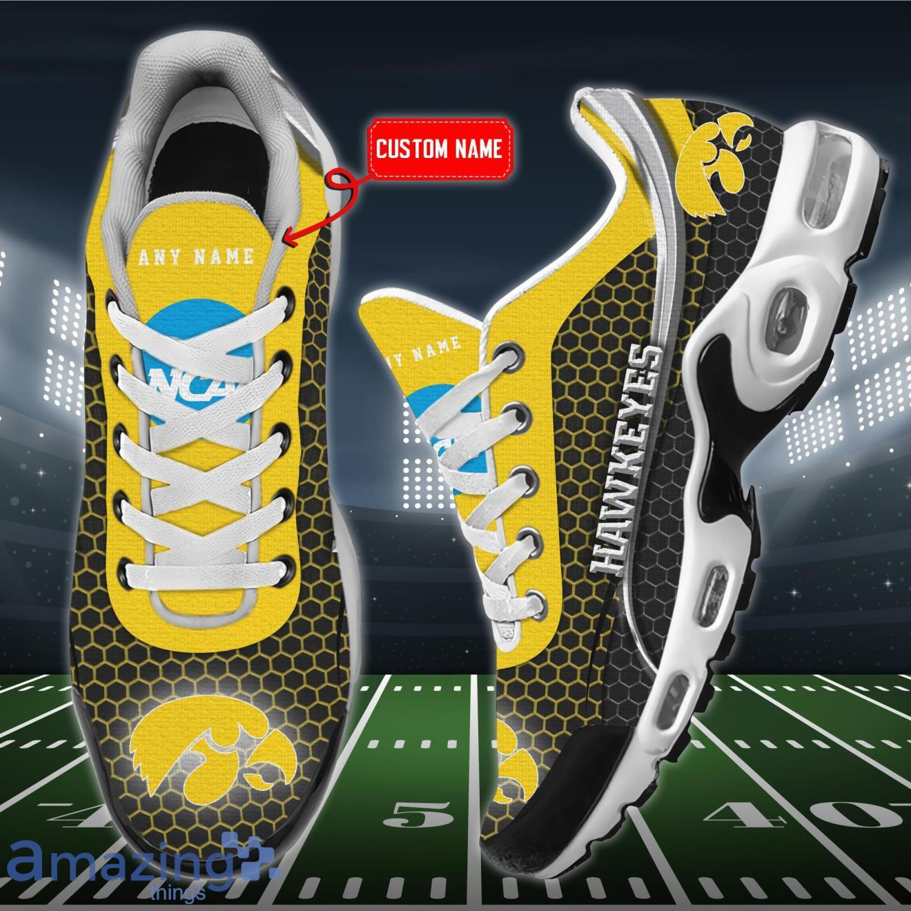 Personalized Iowa Hawkeyes Team Logo Hexagon Pattern Team Color TN Air Max Shoes Air Cushion Sneakers