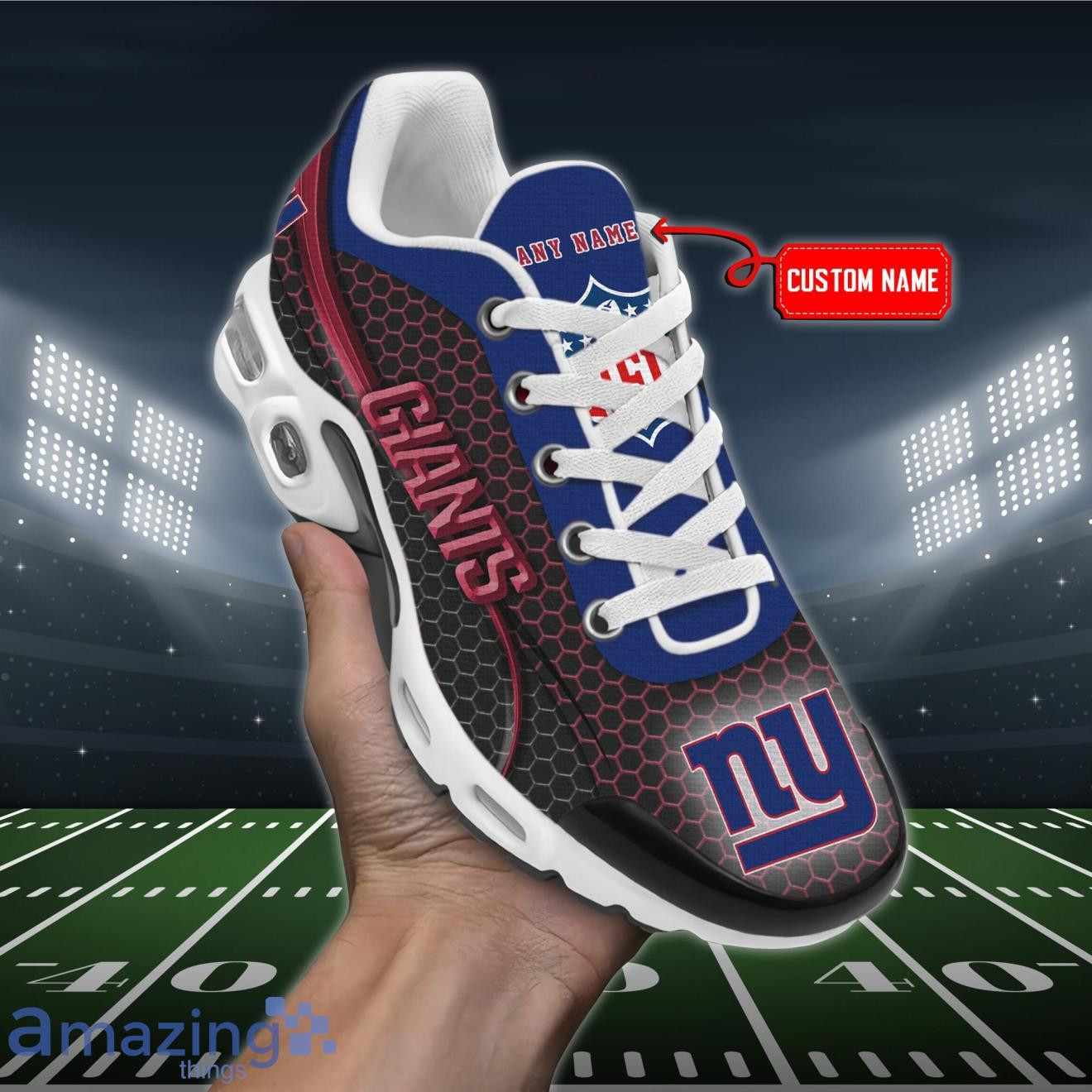 Personalized New York GiantsTeam Logo Hexagon Pattern Team Color TN Air Max Shoes Air Cushion Sneakers