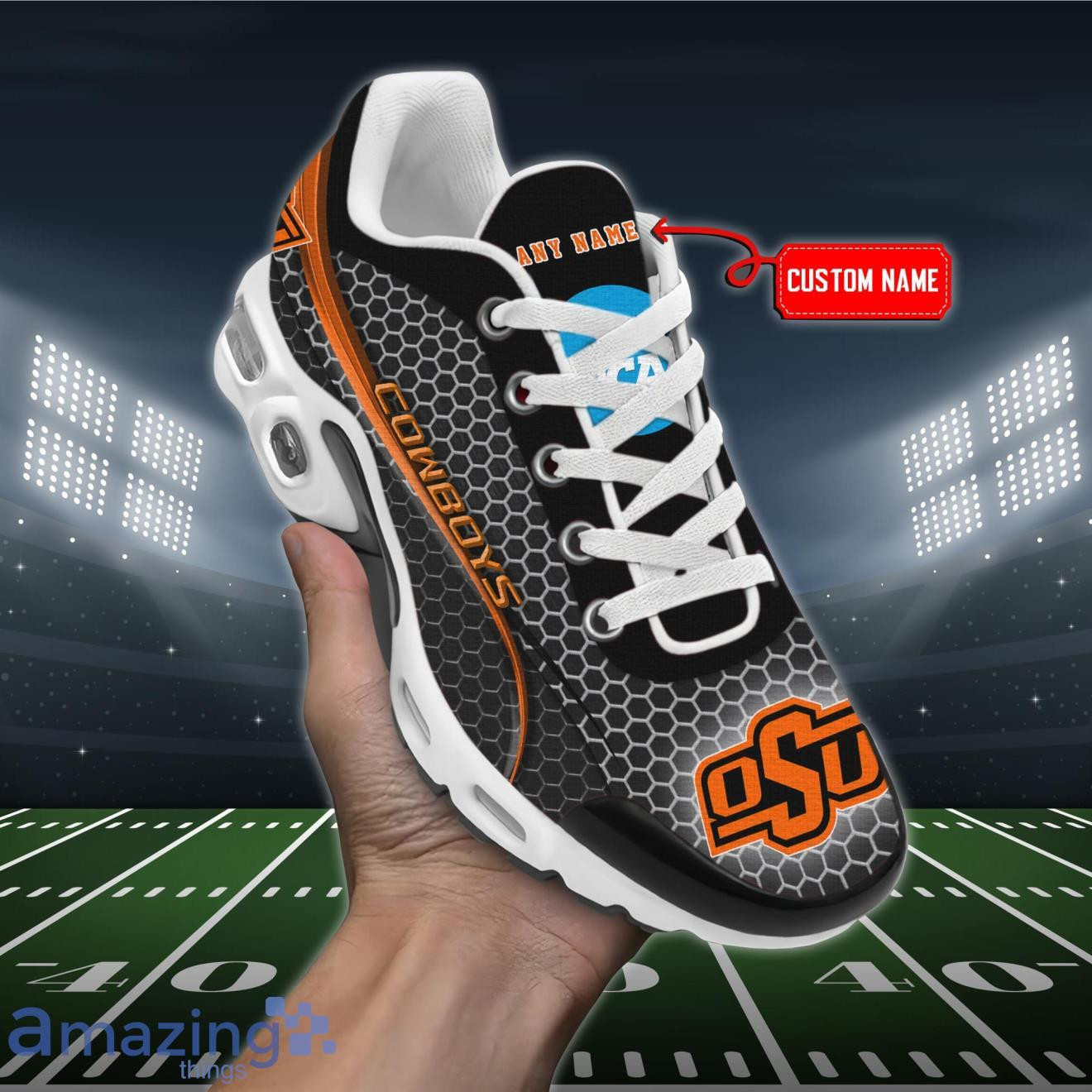 Personalized Oklahoma State Cowboys Team Logo Hexagon Pattern Team Color TN Air Max Shoes Air Cushion Sneakers