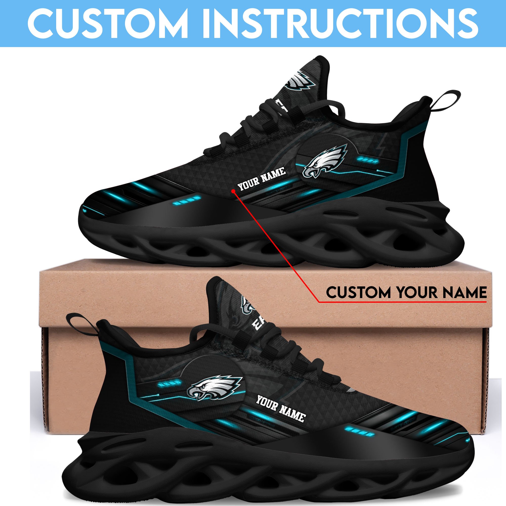 Philadelphia Eagles Black Clunky Sneaker Custom Name, Max Soul Shoes, Sport Gifts For Fan