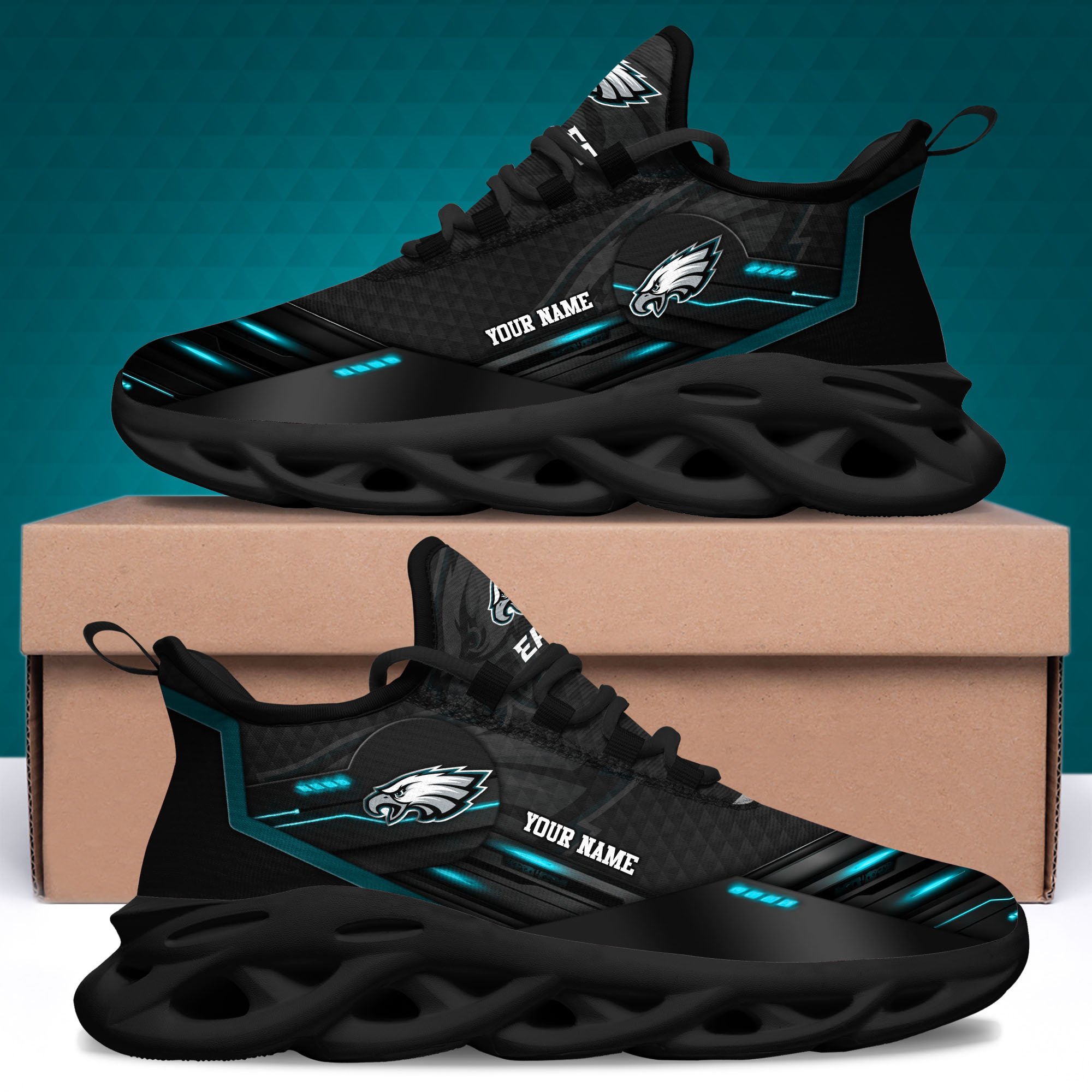 Philadelphia Eagles Black Clunky Sneaker Custom Name, Max Soul Shoes, Sport Gifts For Fan