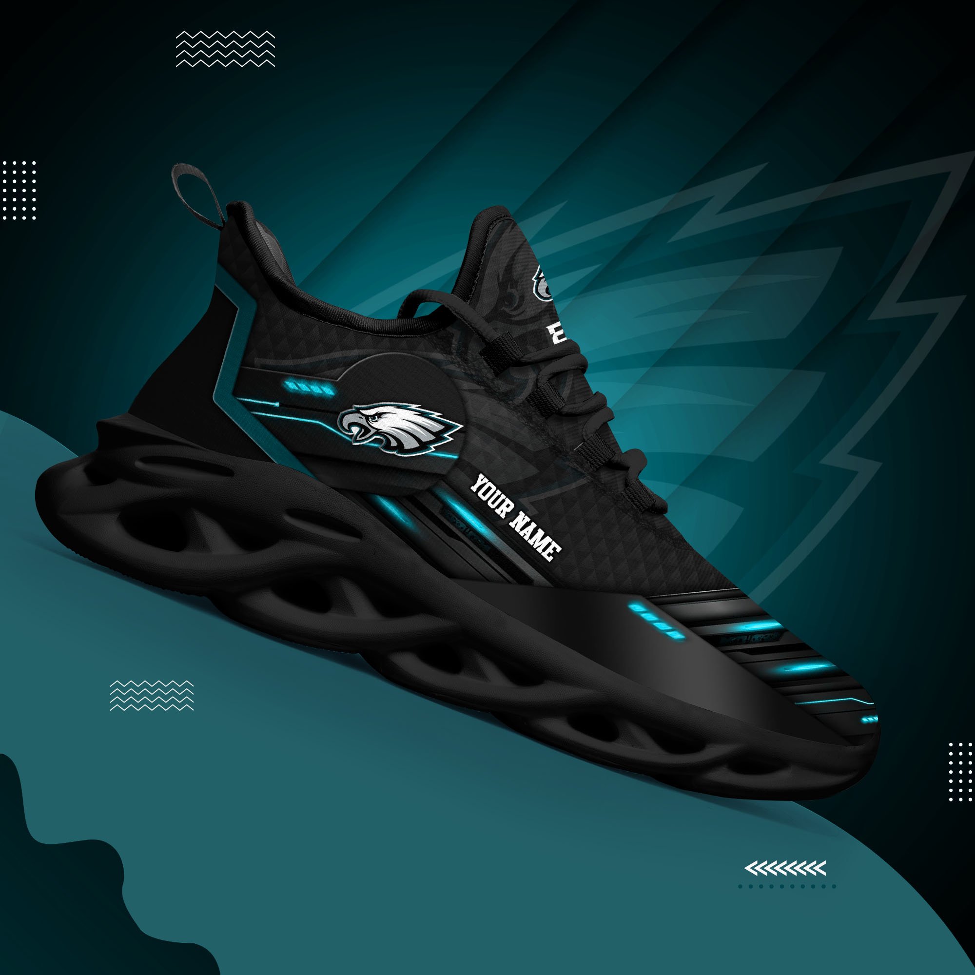 Philadelphia Eagles Black Clunky Sneaker Custom Name, Max Soul Shoes, Sport Gifts For Fan